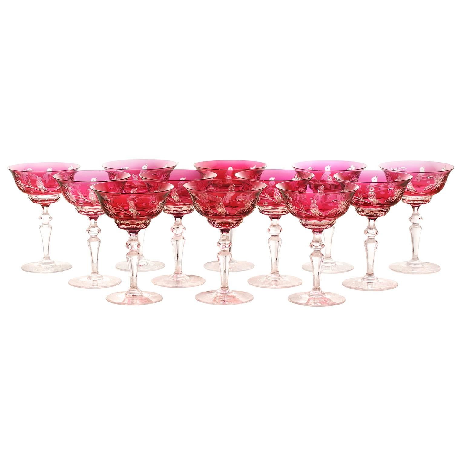 Val St. Lambert Bird Pattern Champagne Glasses in Cranberry 1