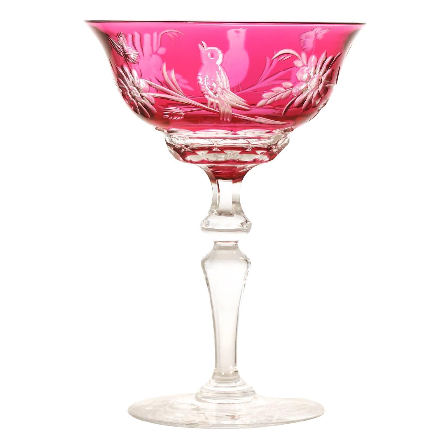 Val St. Lambert Bird Pattern Champagne Glasses in Cranberry 2