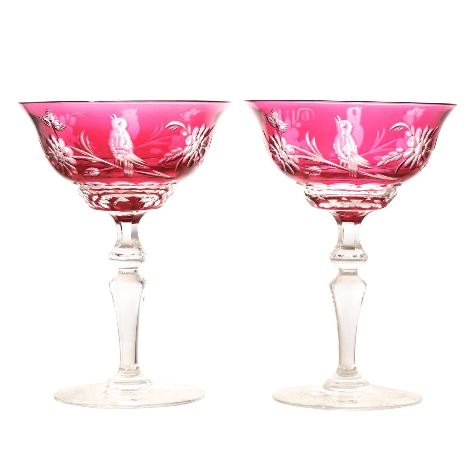 Val St. Lambert Bird Pattern Champagne Glasses in Cranberry