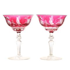 Antique Val St. Lambert Bird Pattern Champagne Glasses in Cranberry