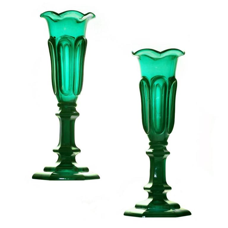 Rare Pair of Emerald Green Sandwich Glass Loop Vases For Sale at 1stdibs