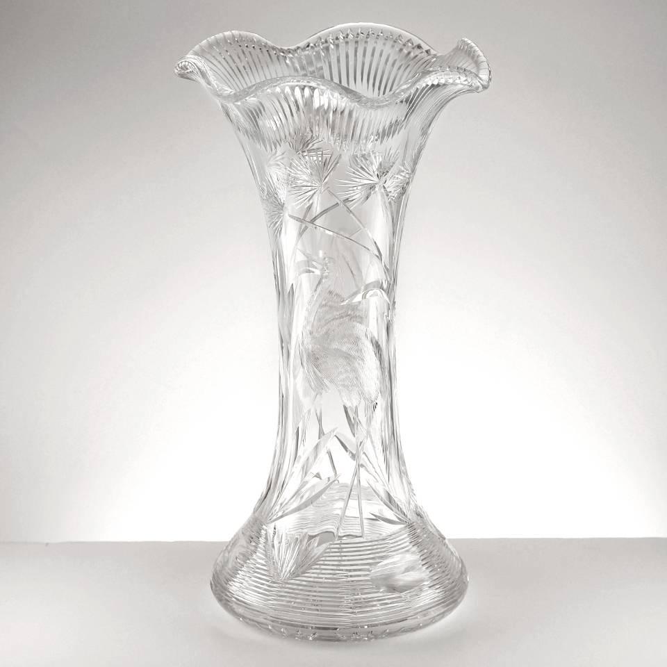 Circa 1900, by Libbey, American.  These rare Libbey vases are strikingly decorated with heron and floral sprays amongst rushes and rippling water. Made for exhibition, each is perfectly proportioned and detailed, displaying a flutter rim, flared
