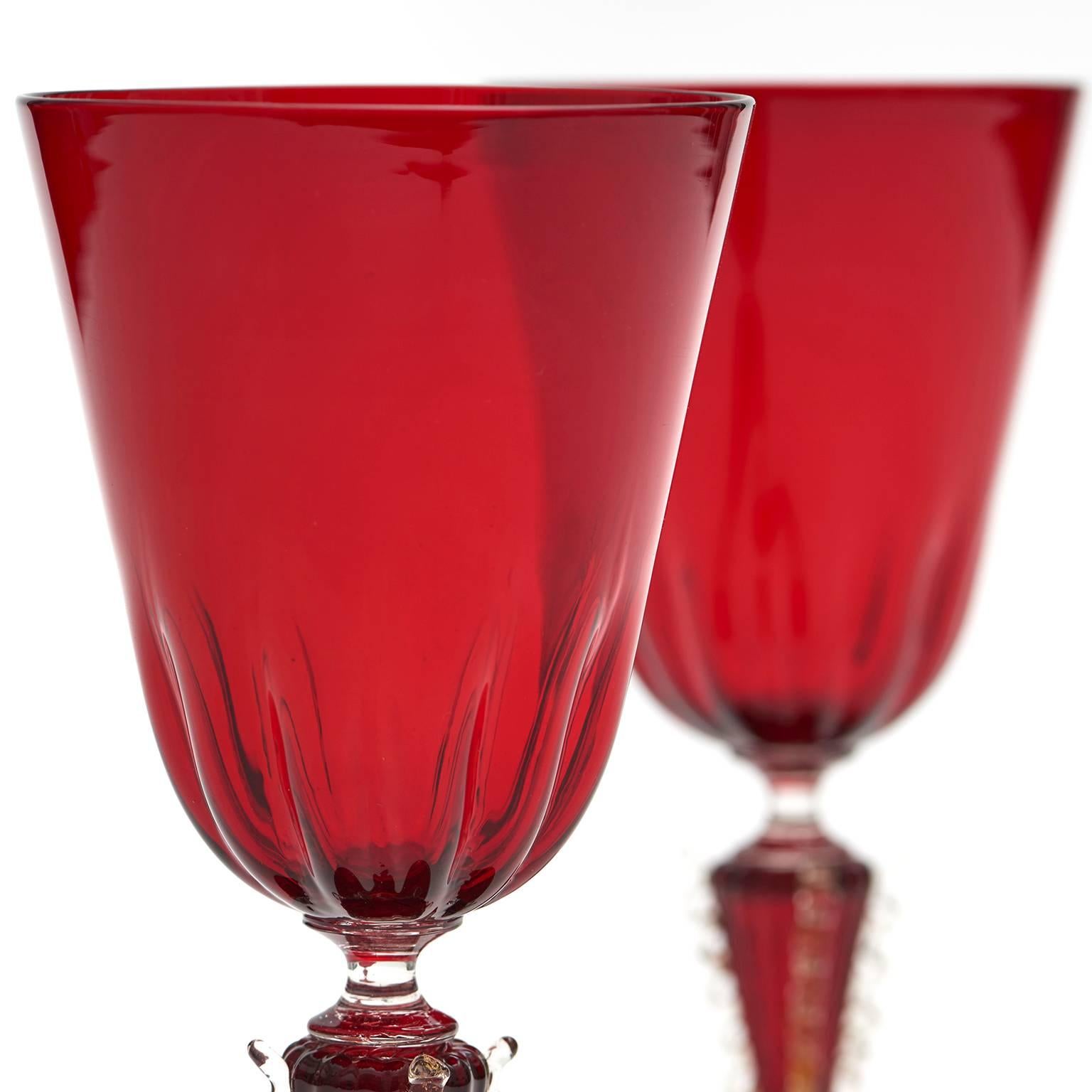 Set of 12 Hand-Blown Venetian Ruby Water Goblets In Excellent Condition In Litchfield, CT