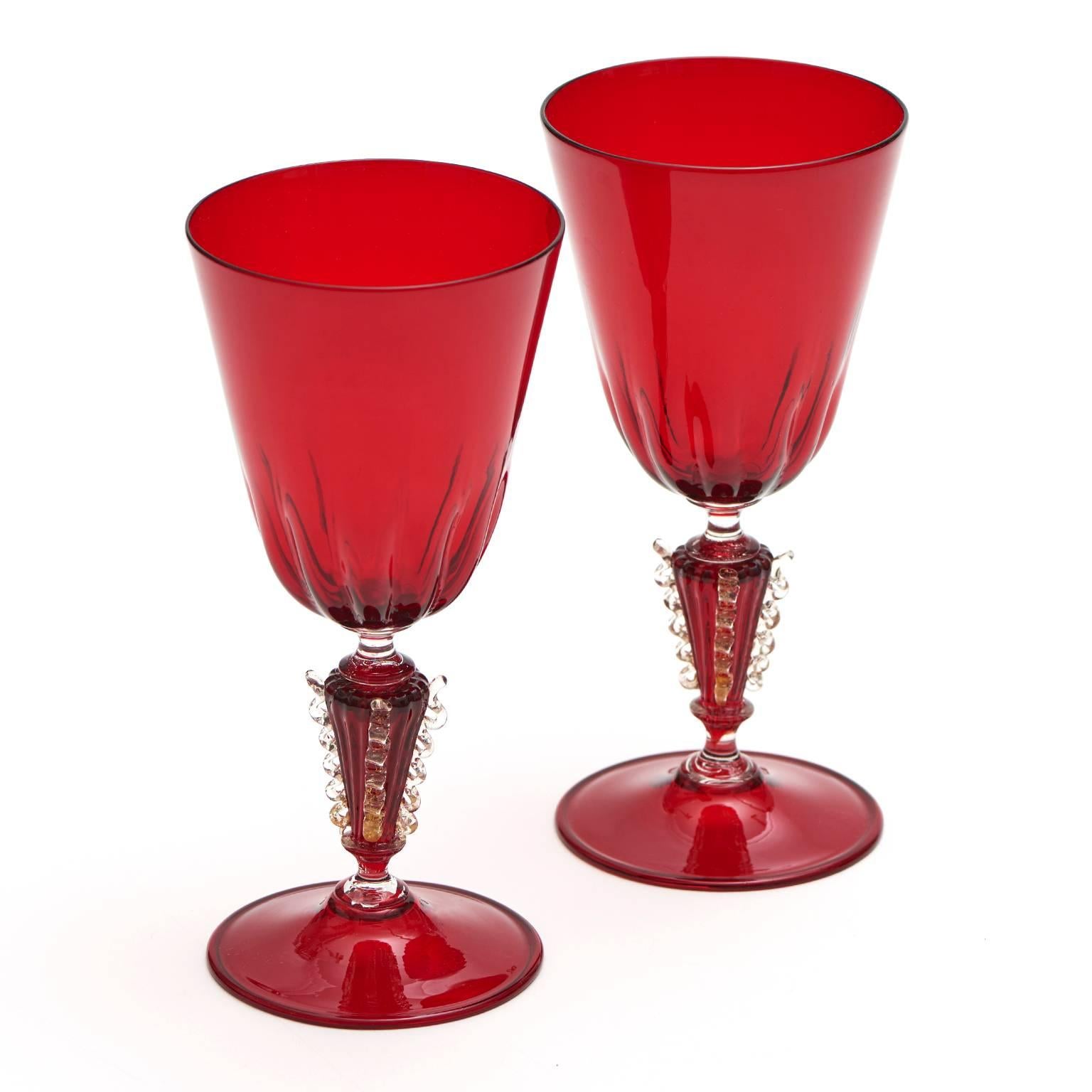Mid-20th Century Set of 12 Hand-Blown Venetian Ruby Water Goblets