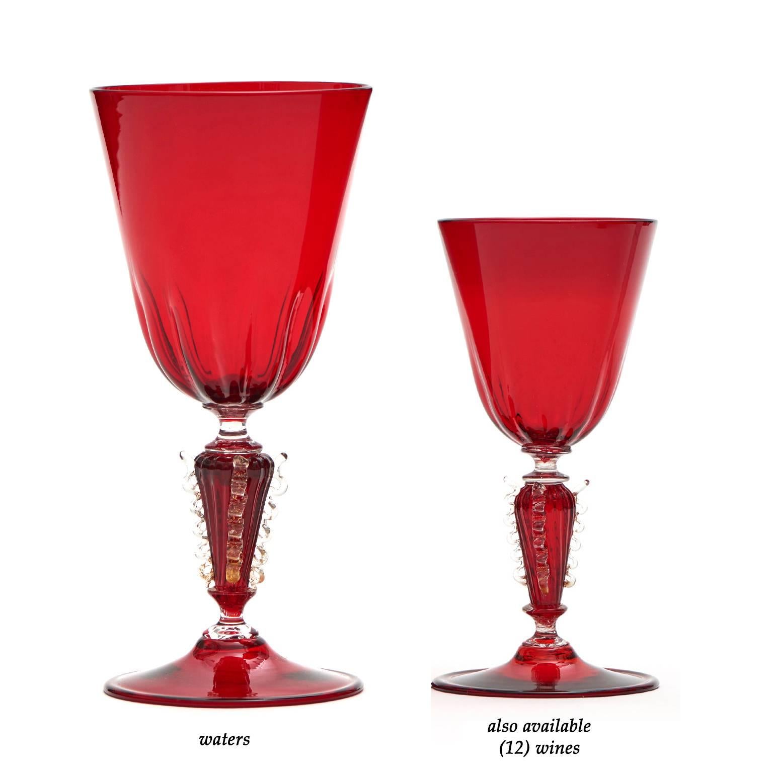 Set of 12 Hand-Blown Venetian Ruby Water Goblets 2