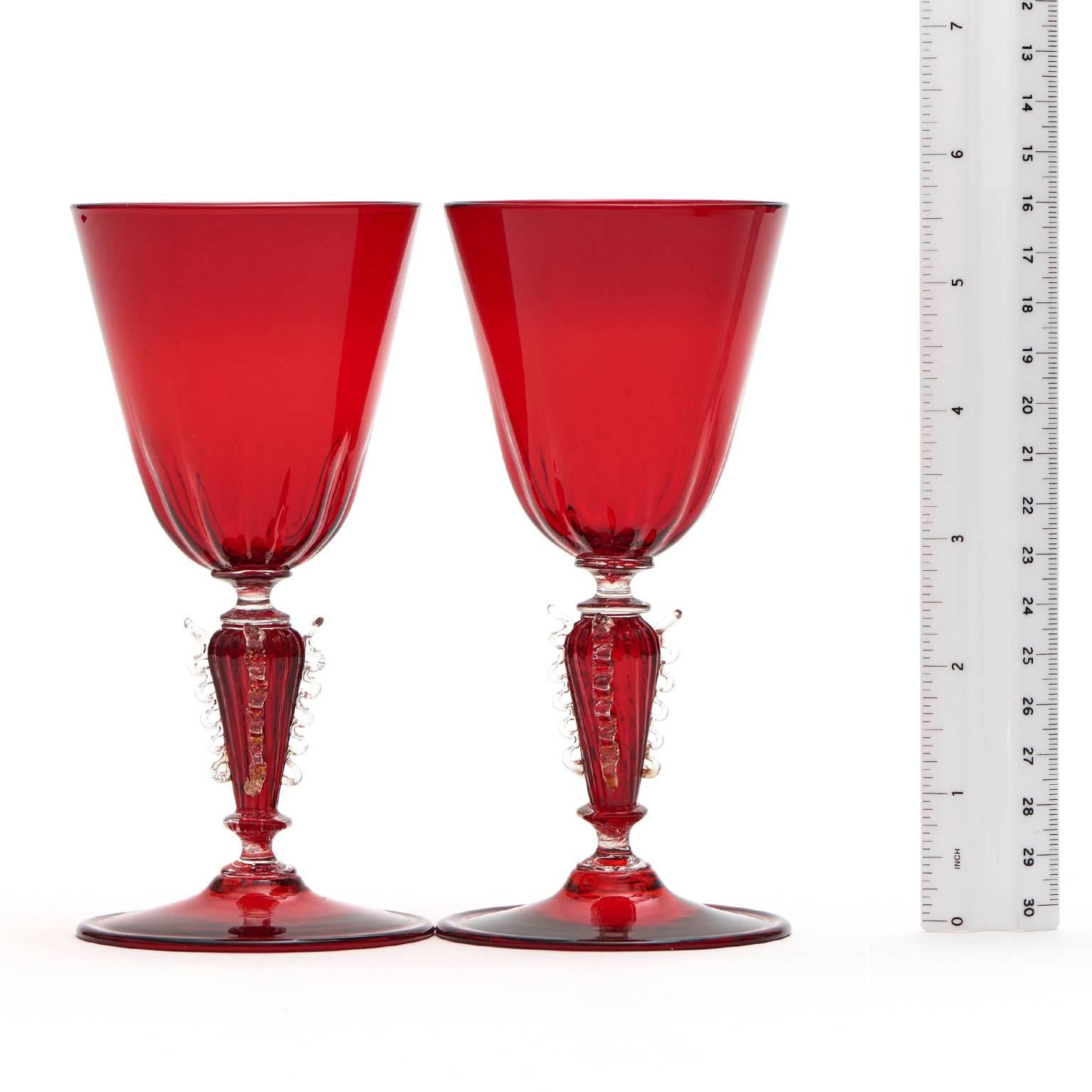 Italian 12 Venetian Wine Glasses in Ruby For Sale