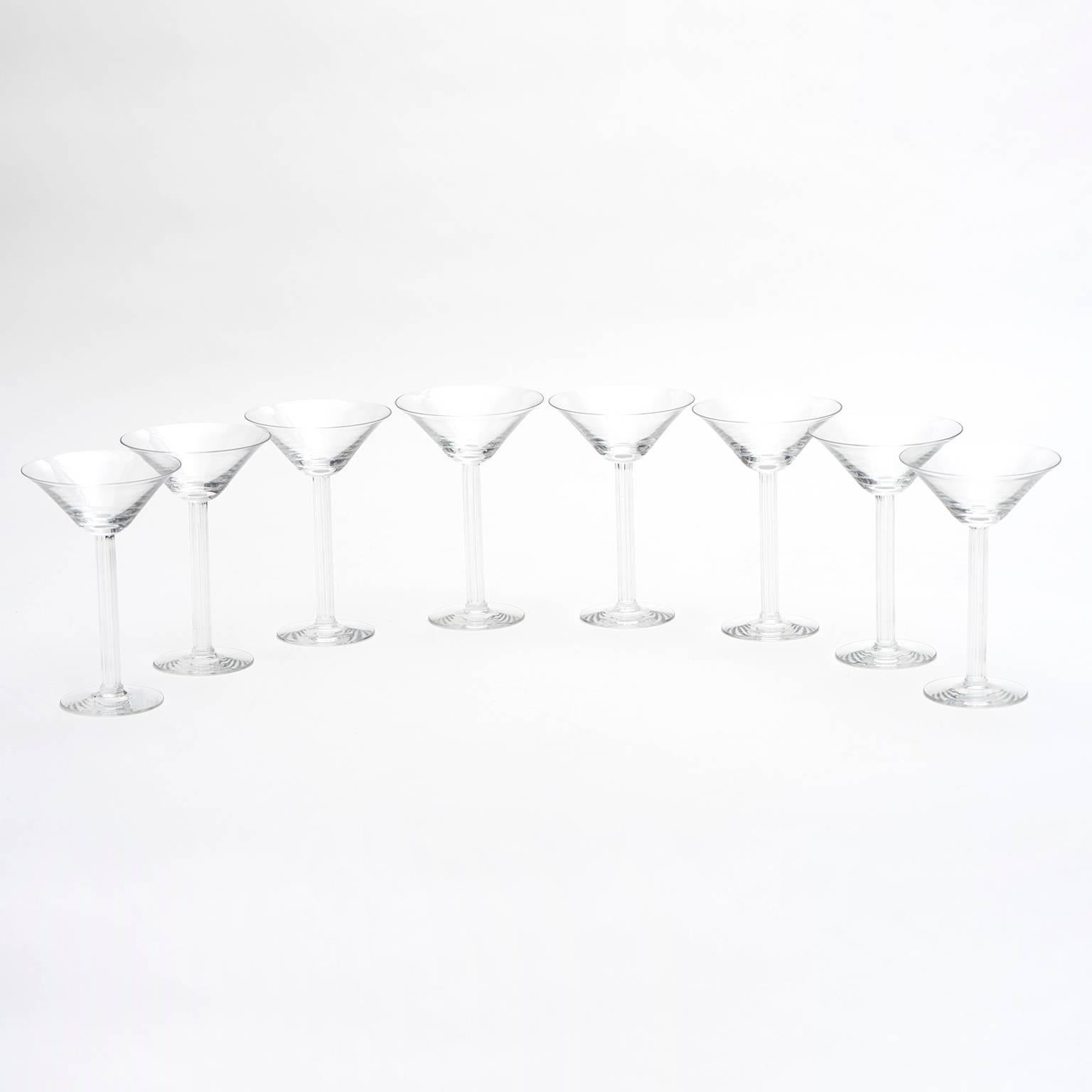 Martini glasses by Libbey, Toledo, Ohio, circa 1930s. The fabulous Art Deco Monticello pattern, designed by Edwin W. Fuerst is simply brilliant in its Martini glass iteration. The look is perfect for an amazing bar or used in a chic