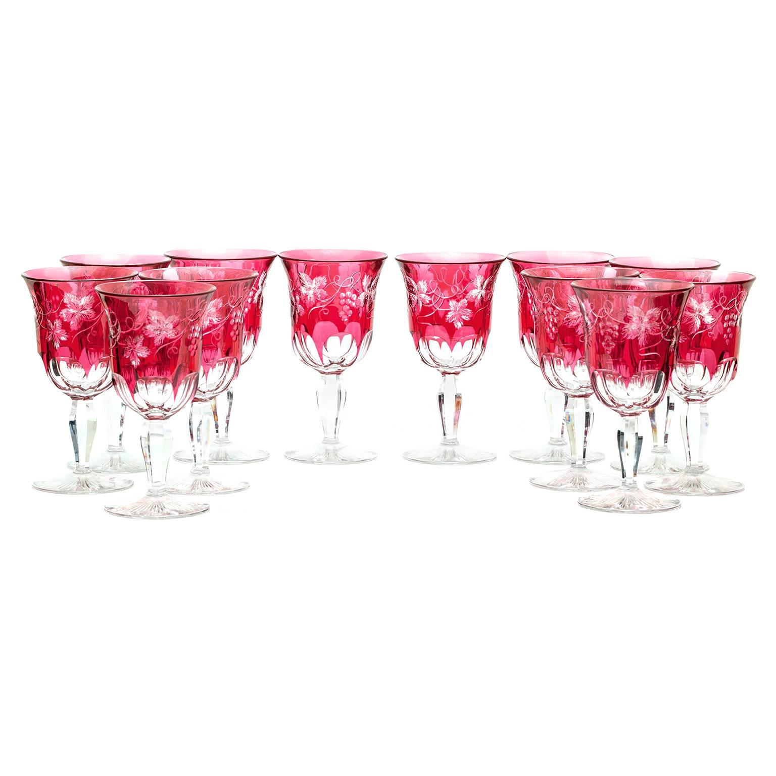 Art Deco 12 American Cut Crystal Cranberry Water Goblets