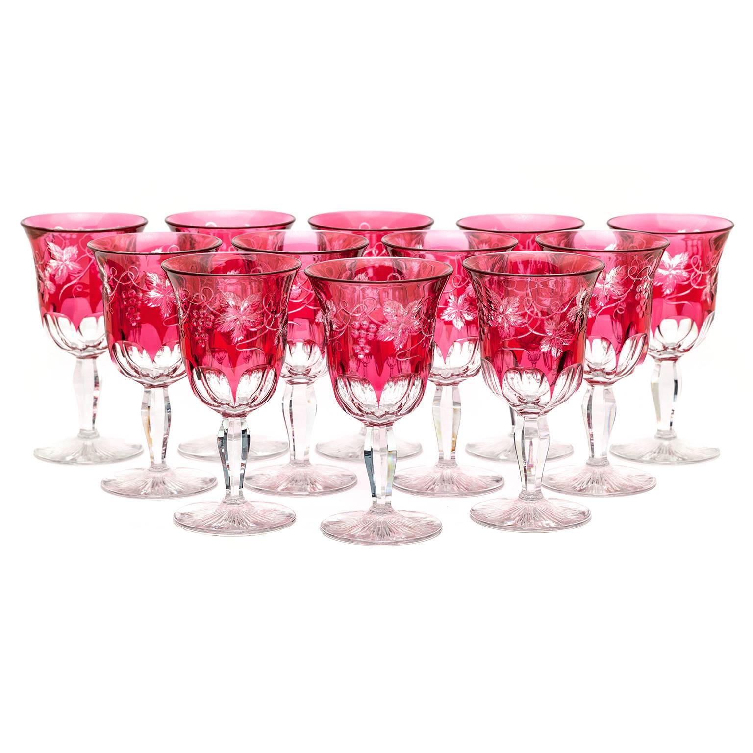 12 American Cut Crystal Cranberry Water Goblets 3