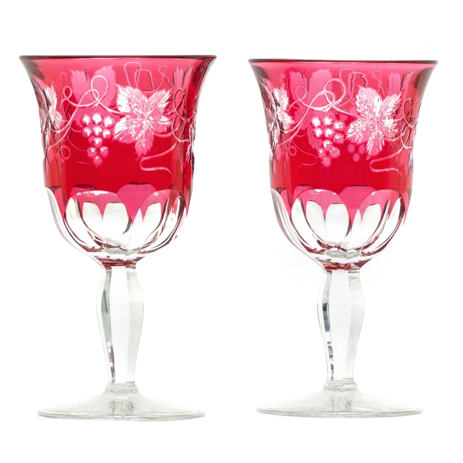 12 American Cut Crystal Cranberry Water Goblets 4
