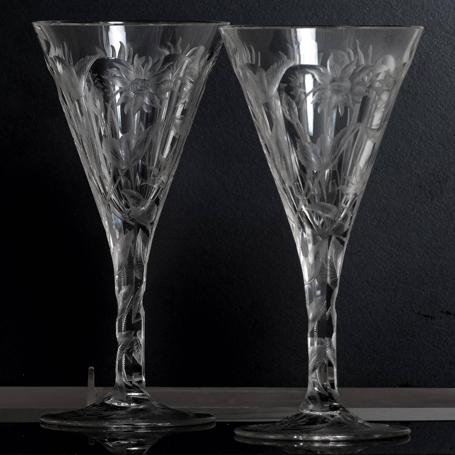 Juego de 14 copas de agua Val St.Lambert grabadas con motivo Hafnia en venta 1