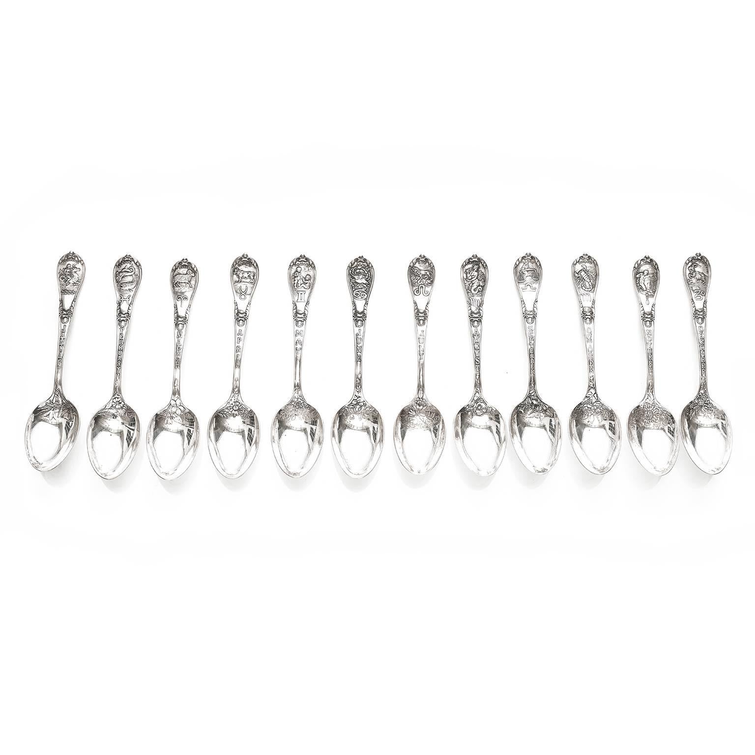 Sterling by the Gorham Silver Co. This fabulous set of 12 tea spoons from the turn of the century imaginatively features a different month and zodiac symbol adorning each spoon. The naturalistic depictions of each astrological sign are finely
