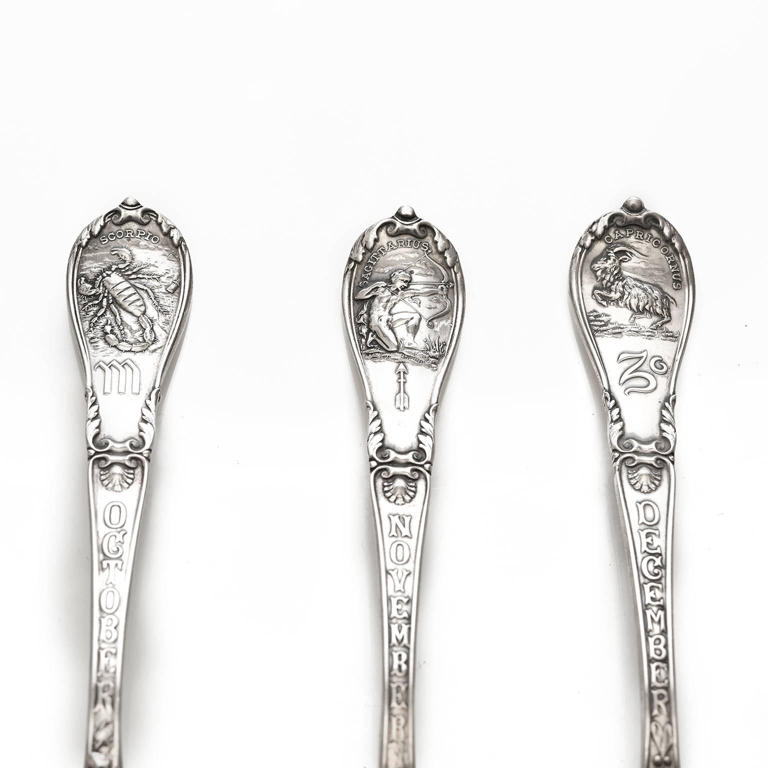 Set of 12 Gorham Zodiac Spoons in Sterling In Excellent Condition In Litchfield, CT