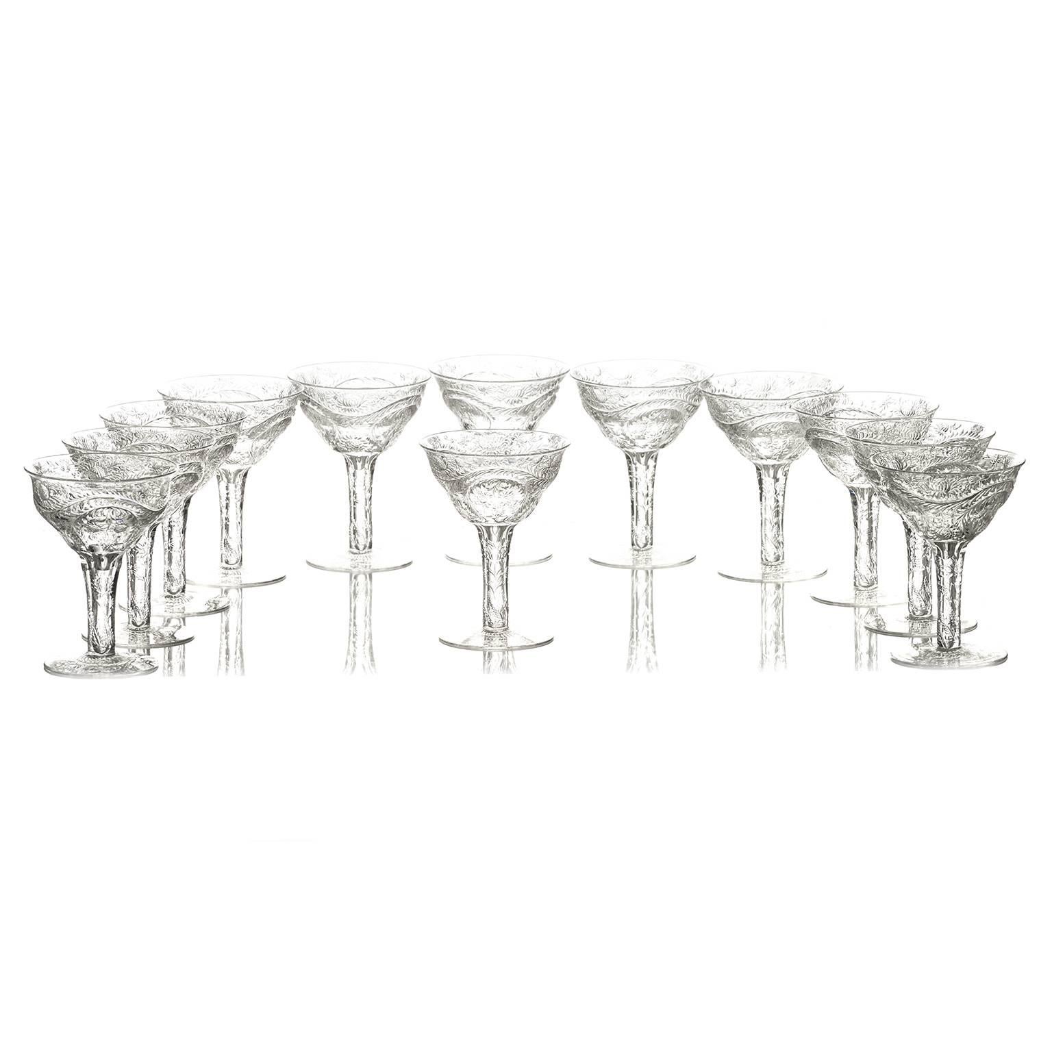 English 12 Magnificent Webb Rock Crystal Hollow Stem Champagne Goblets