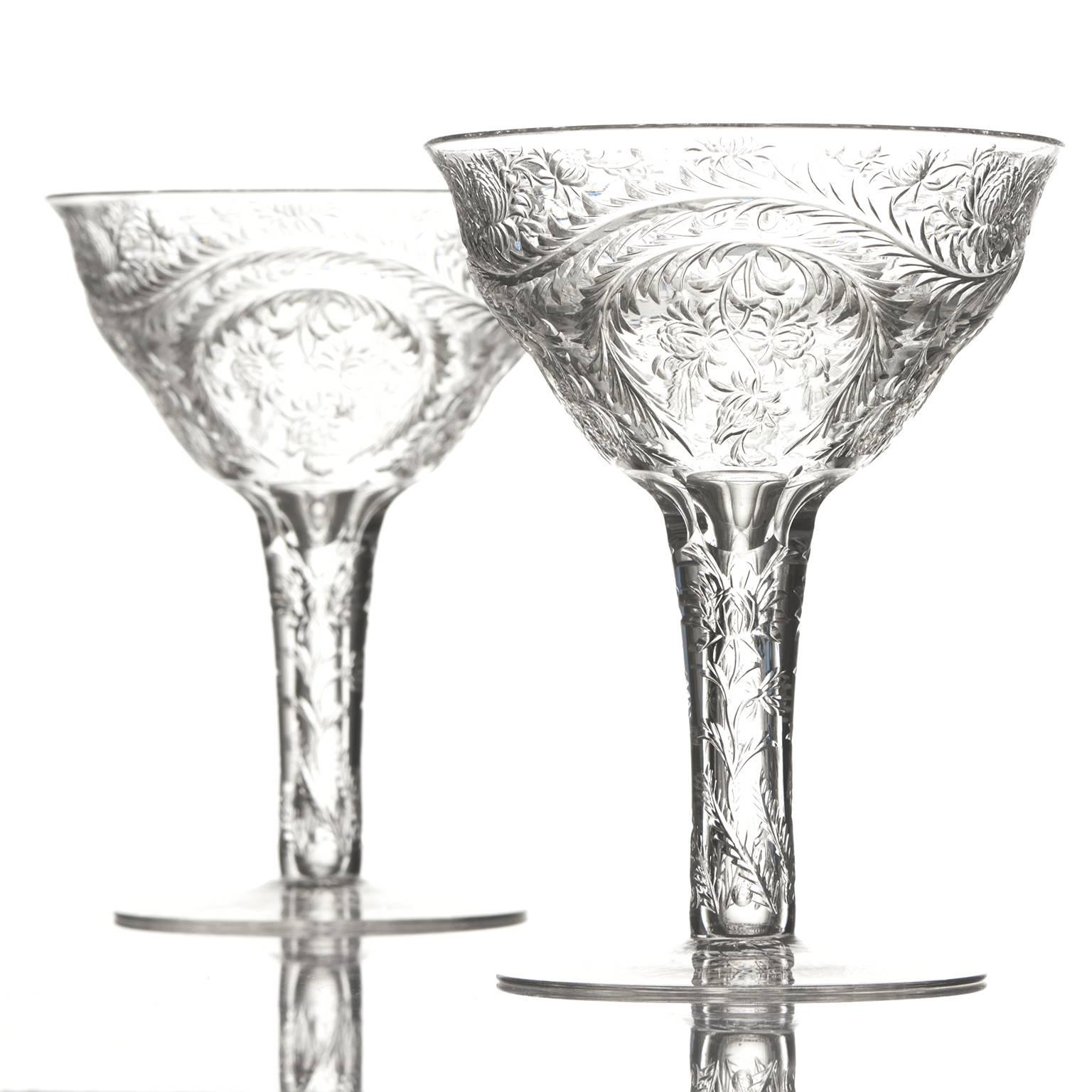 Early 20th Century 12 Magnificent Webb Rock Crystal Hollow Stem Champagne Goblets