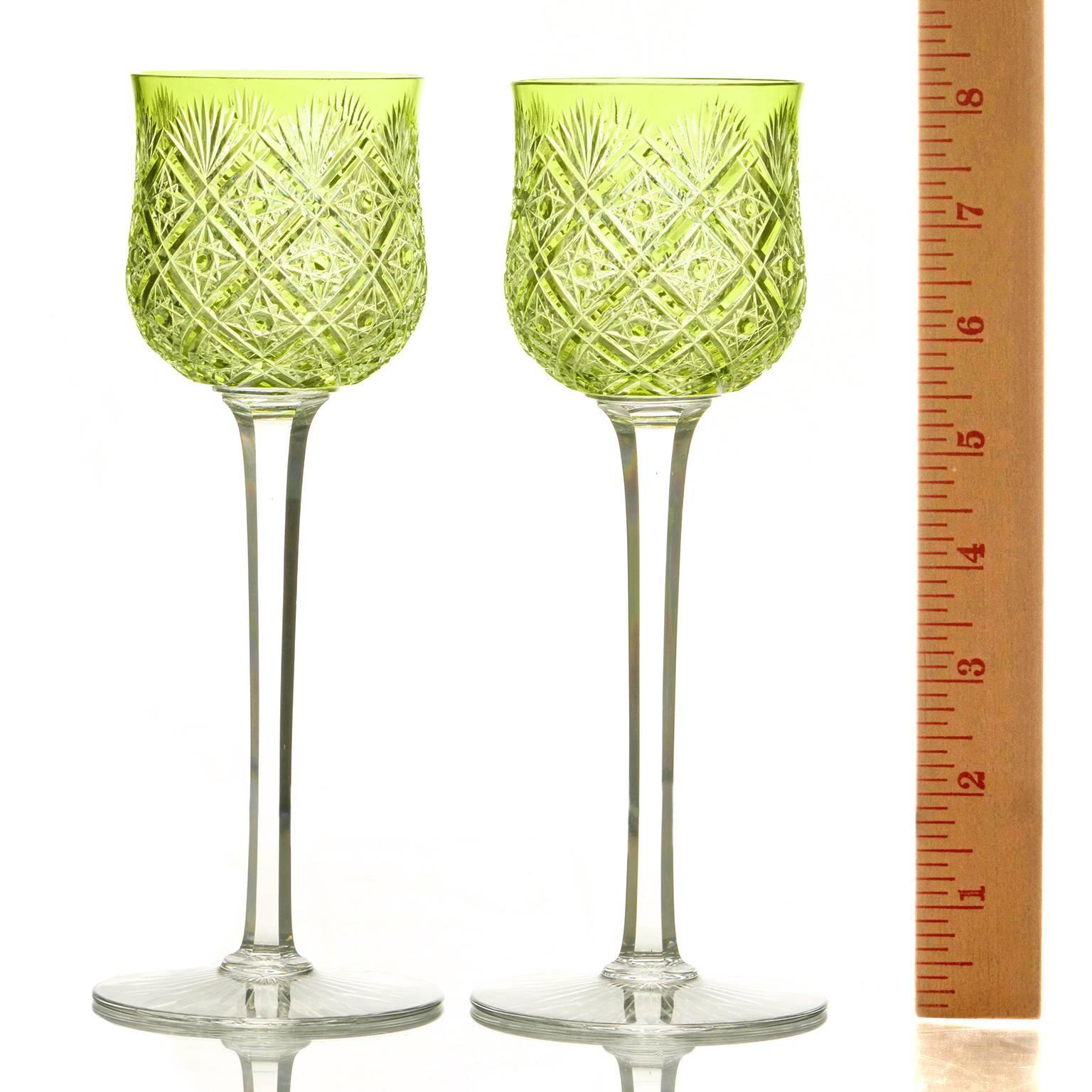 French 12 Baccarat Cut Crystal Wine Goblets in Chartreuse