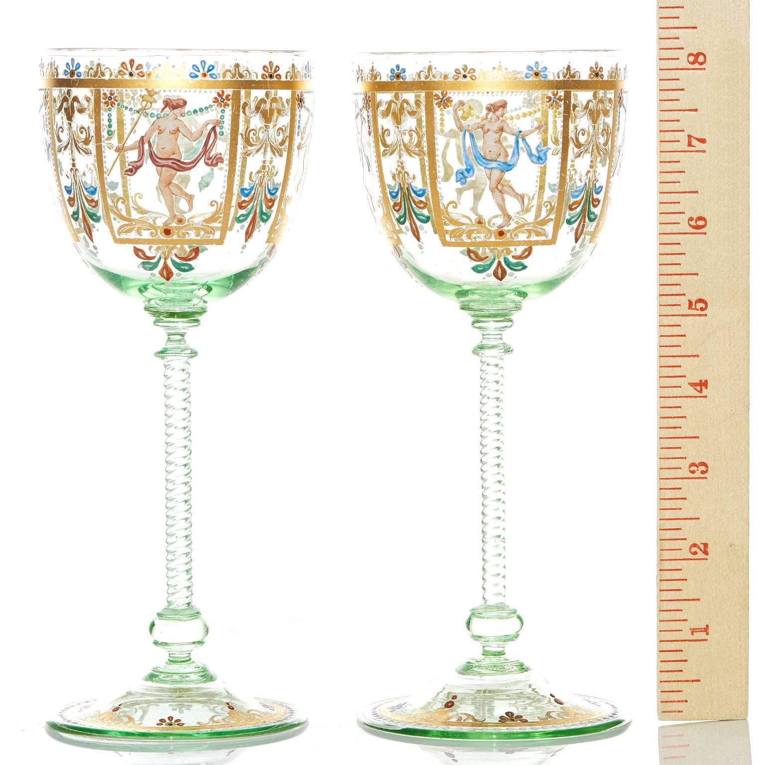 Italian 12 Enameled Venetian Wine Glasses by Salviati