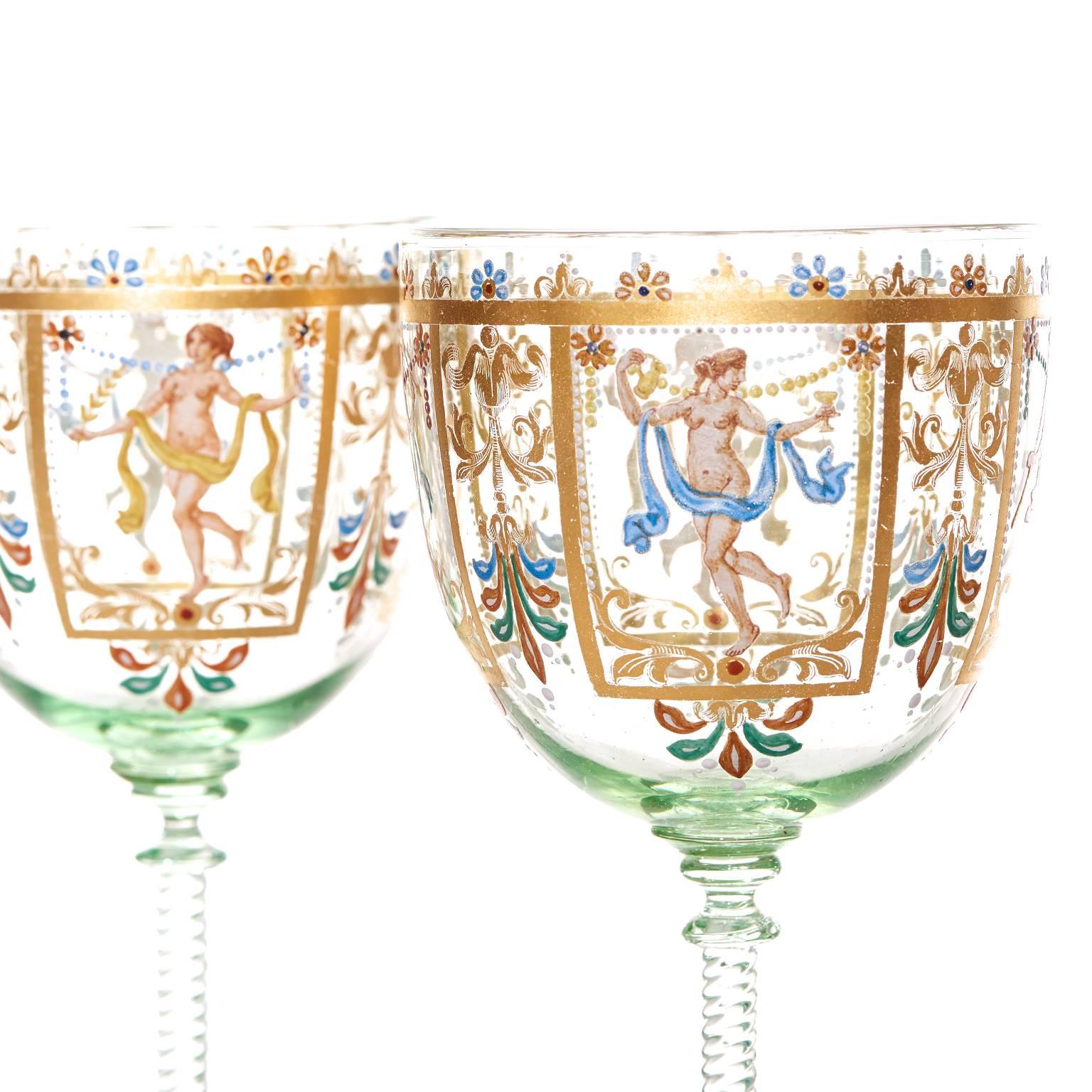 Mid-20th Century 12 Enameled Venetian Wine Glasses by Salviati