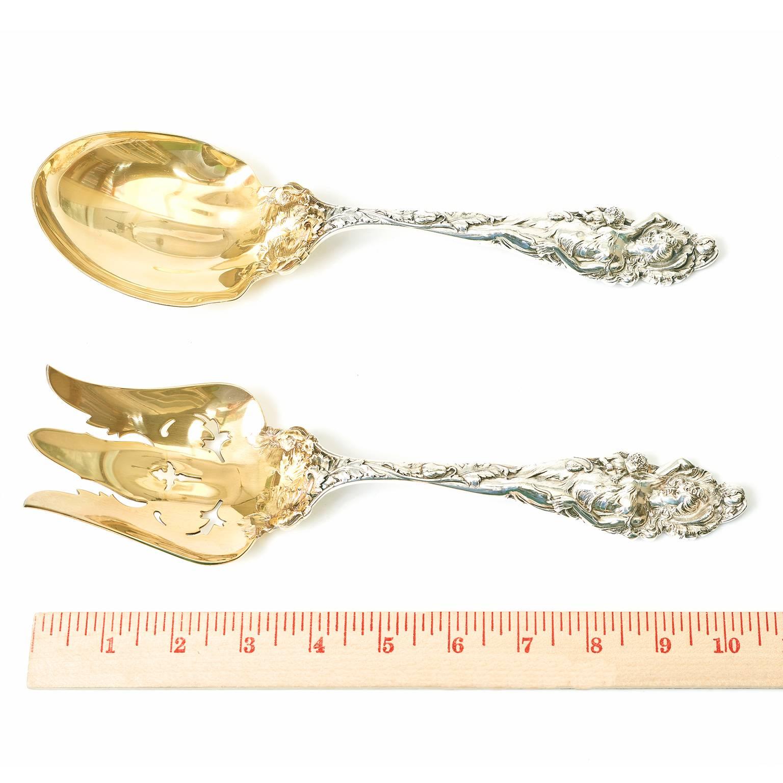 Early 20th Century Reed & Barton “Love Disarmed” Gilded Sterling Serving Fork and Spoon