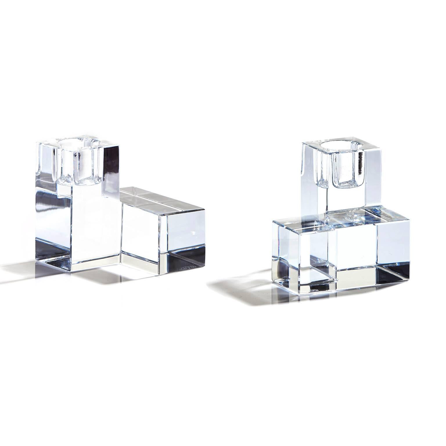 French Modernist Cubic Baccarat Crystal Candlesticks