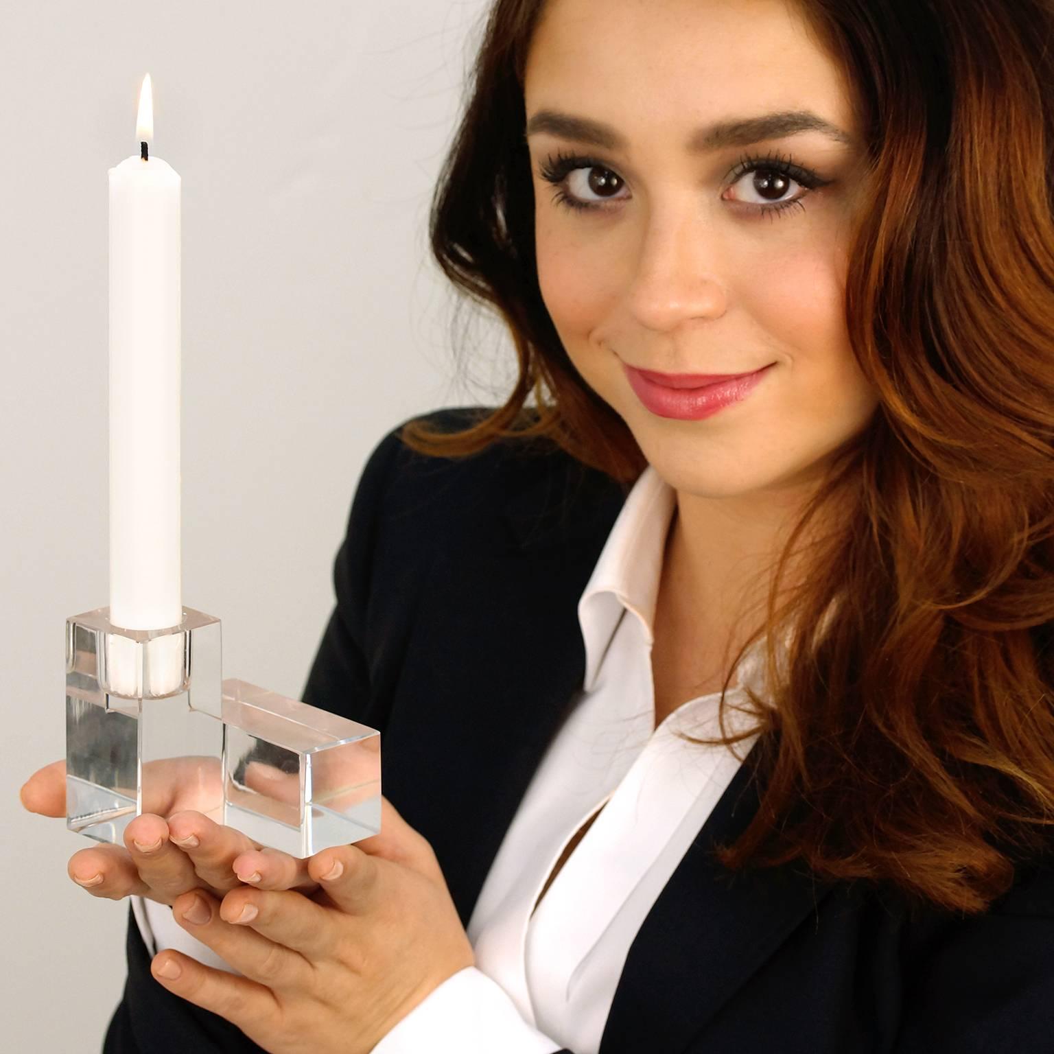 Modernist Cubic Baccarat Crystal Candlesticks In Excellent Condition In Litchfield, CT