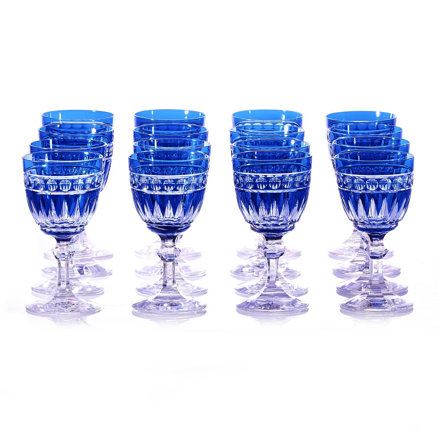 Circa 1920-30s, Val St. Lambert, Belgium.  These 16 fabulous Art Deco Val St. Lambert Crystal Water Goblets are resplendent in cobalt blue. The look is sleek, elegant, and colorful, perfect for a lively table. Representing the finest quality of