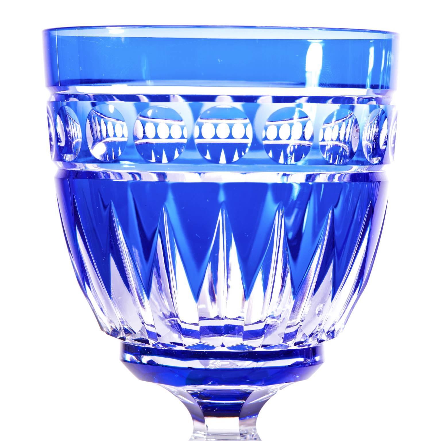 16 Art Deco Val St. Lambert Cobalt Blue Crystal Water Goblets In Excellent Condition In Litchfield, CT