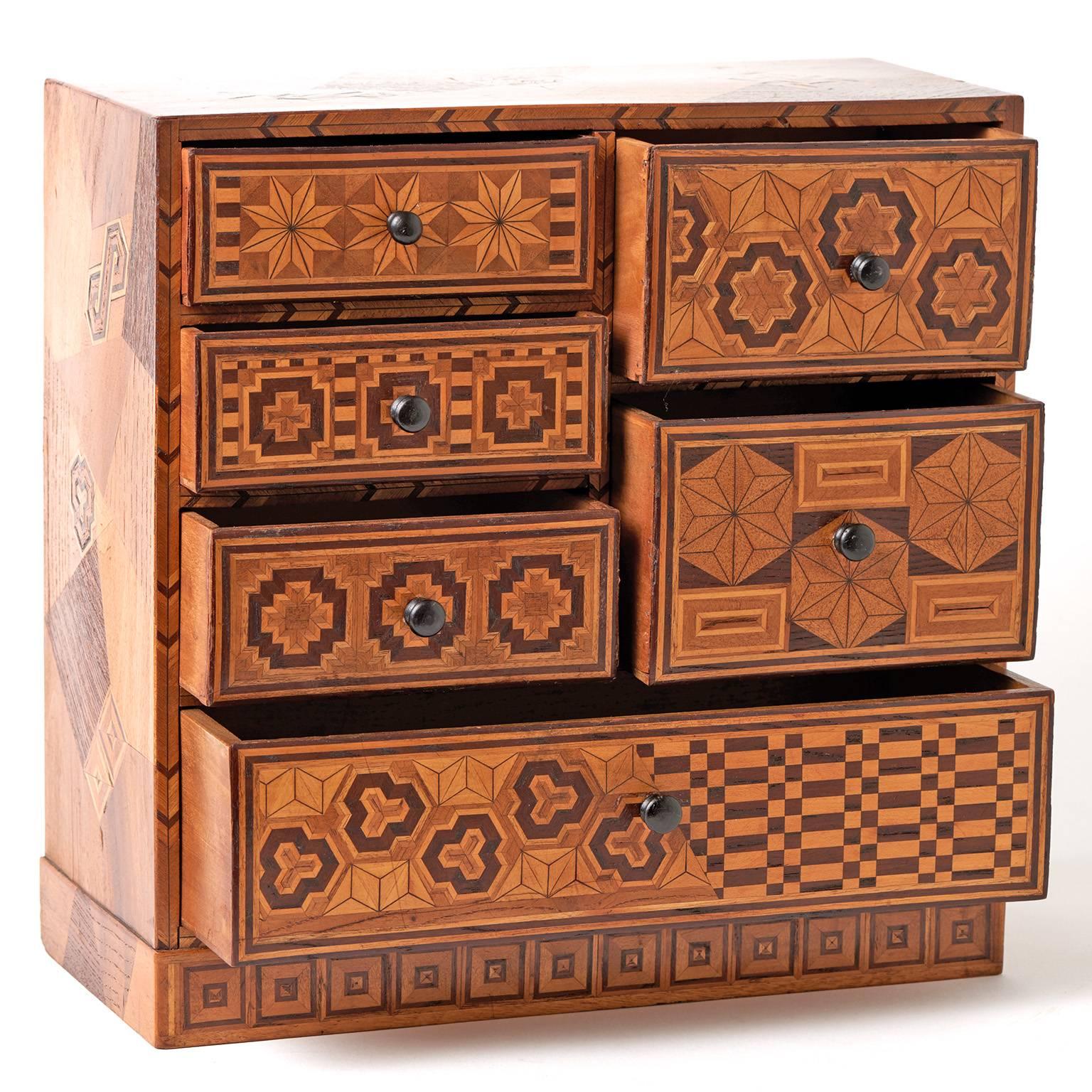 English Miniature Victorian Marquetry Chest of Drawers