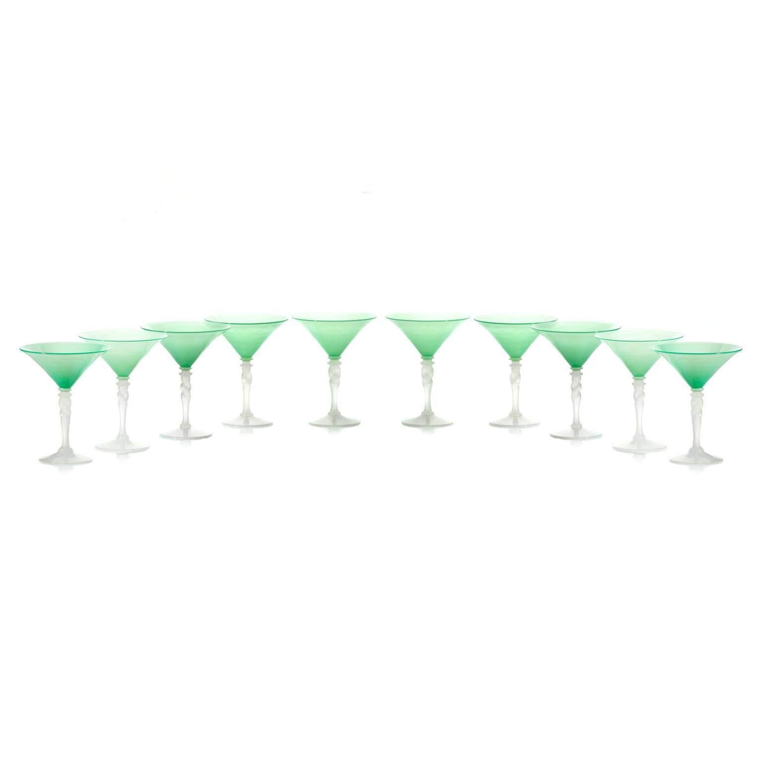 American Steuben Art Deco Jade Green Martini Glasses For Sale