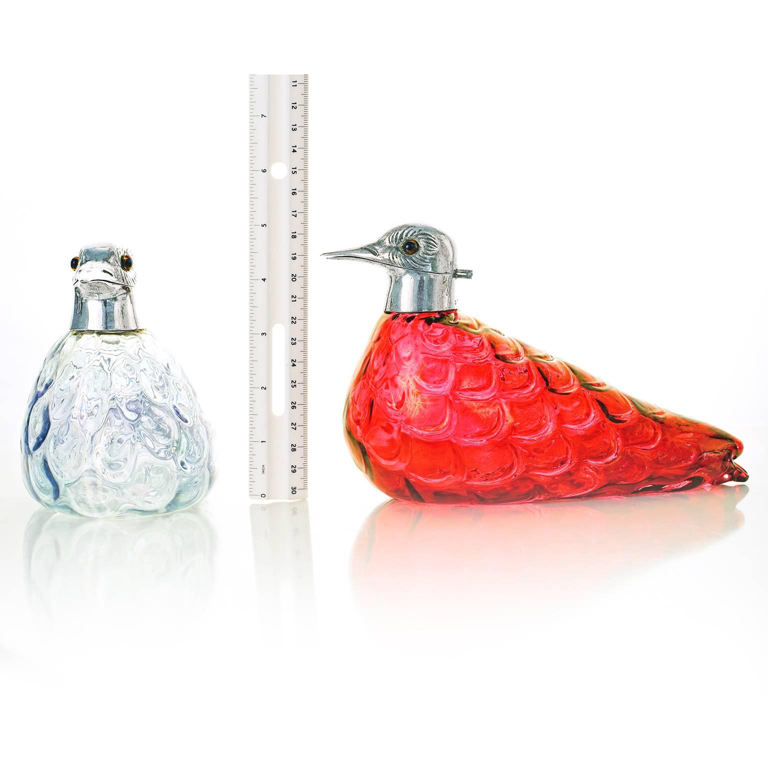 English Pair of Asprey Sterling and Glass Bird Decanters