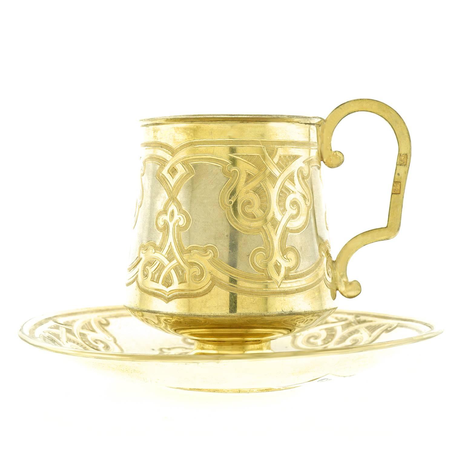 Russian Sterling Silver Parcel-Gilt Tea Cup and Saucer, circa 1875, Moscow Russia