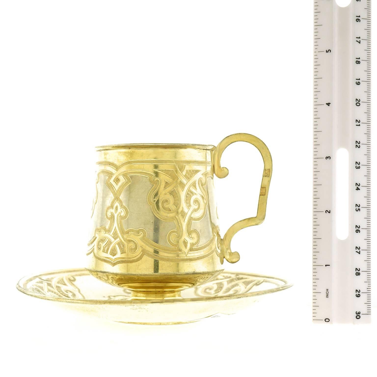 Sterling Silver Parcel-Gilt Tea Cup and Saucer, circa 1875, Moscow Russia 1