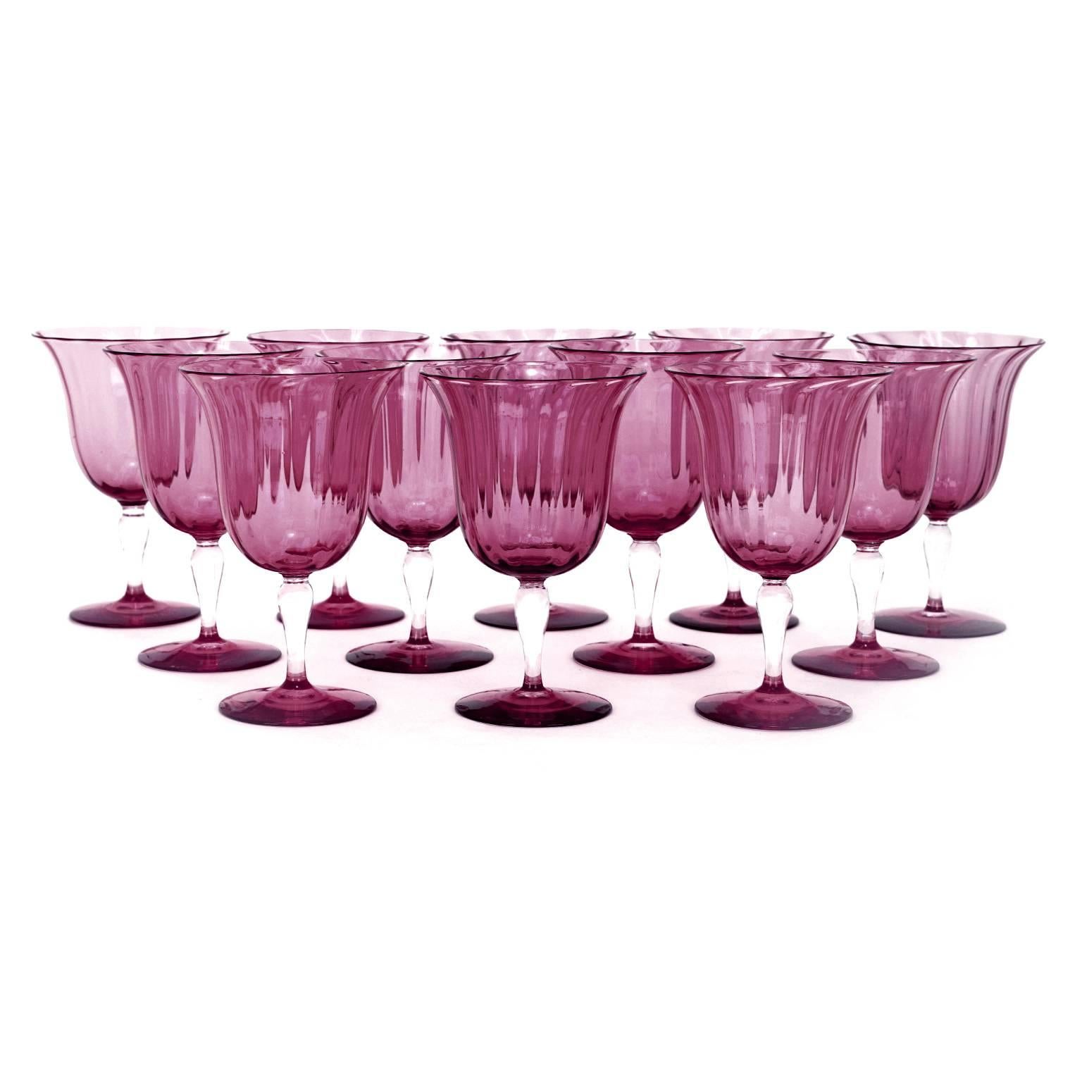 American Stunning and Rare 12 Steuben Optic Rib Amethyst Water Goblets