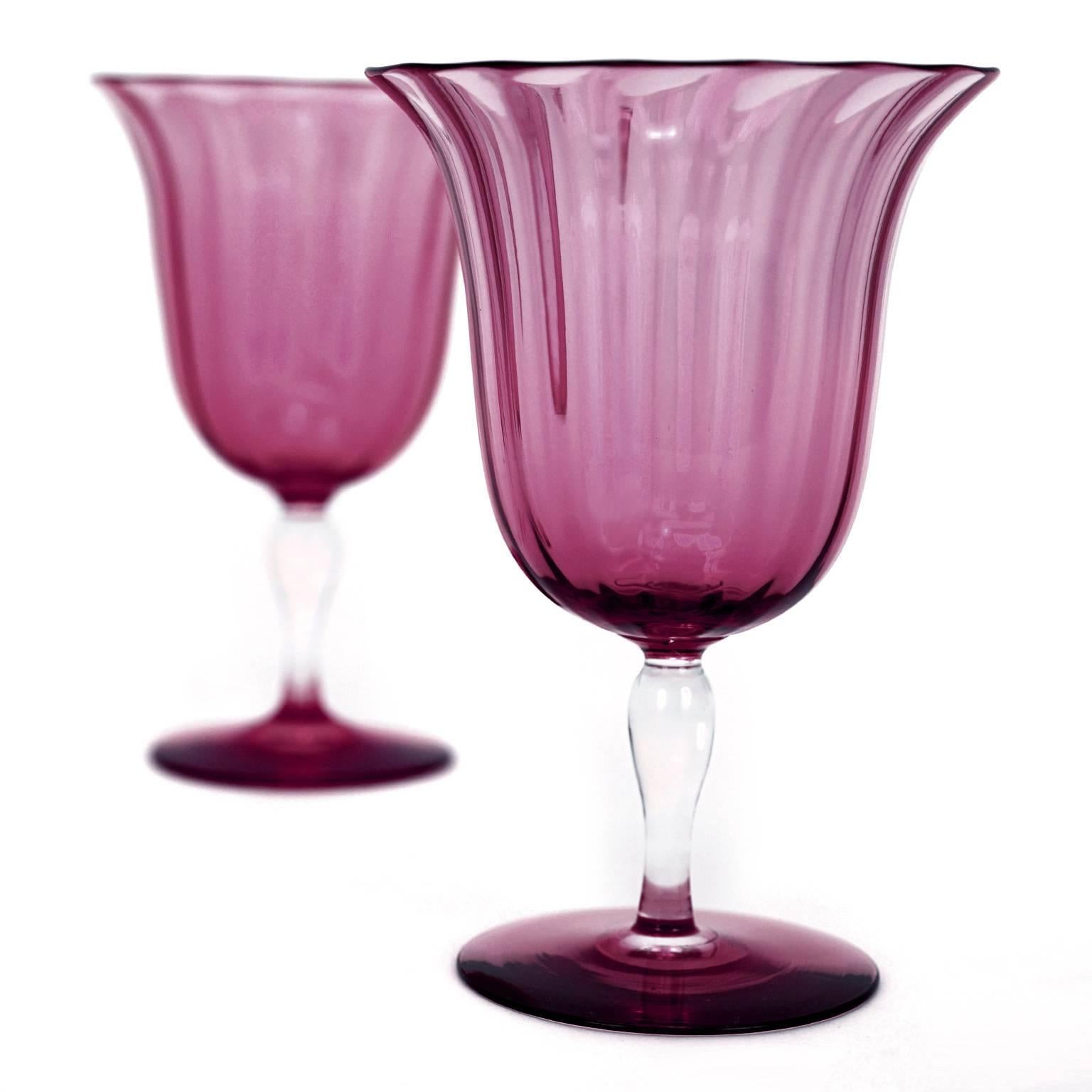 Stunning and Rare 12 Steuben Optic Rib Amethyst Water Goblets In Excellent Condition In Litchfield, CT