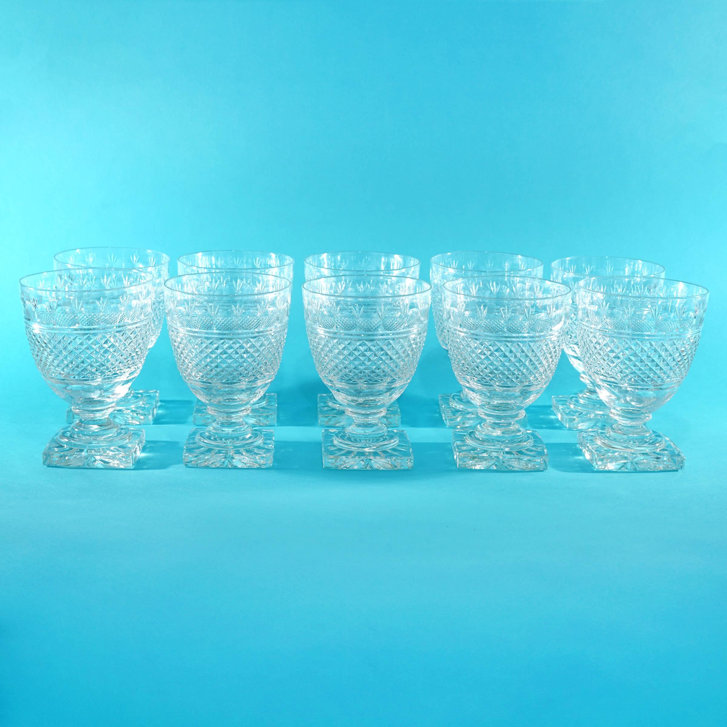 English 10 Heavy Cut Glass Water Goblets c1890s England