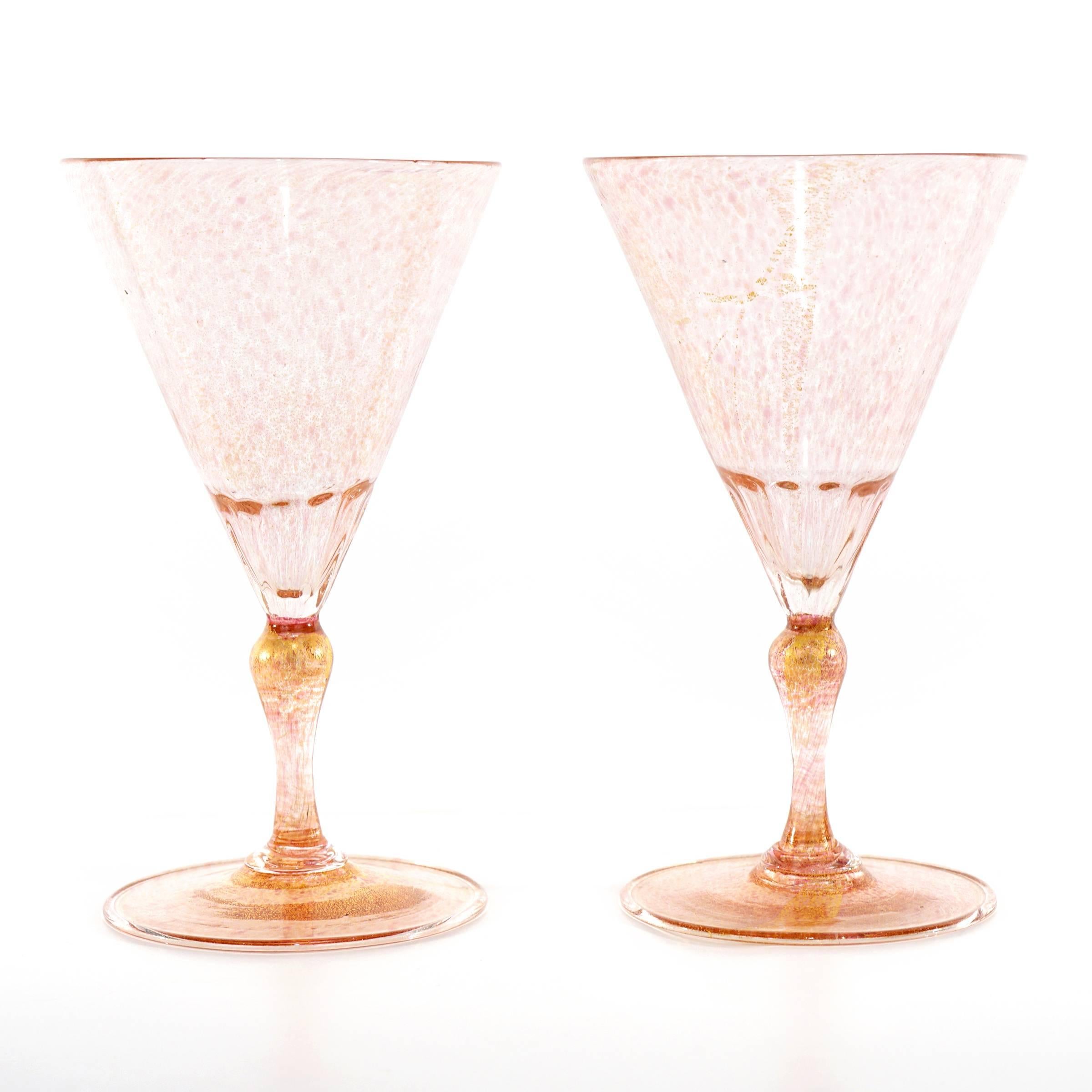 16 Art Deco Gold Flecked Pink Venetian Goblets, circa 1920s by Salviati 3