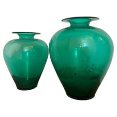 Mid-Century Modern Venini Style Vases, Murano Glass, Emerald Green, 1960s