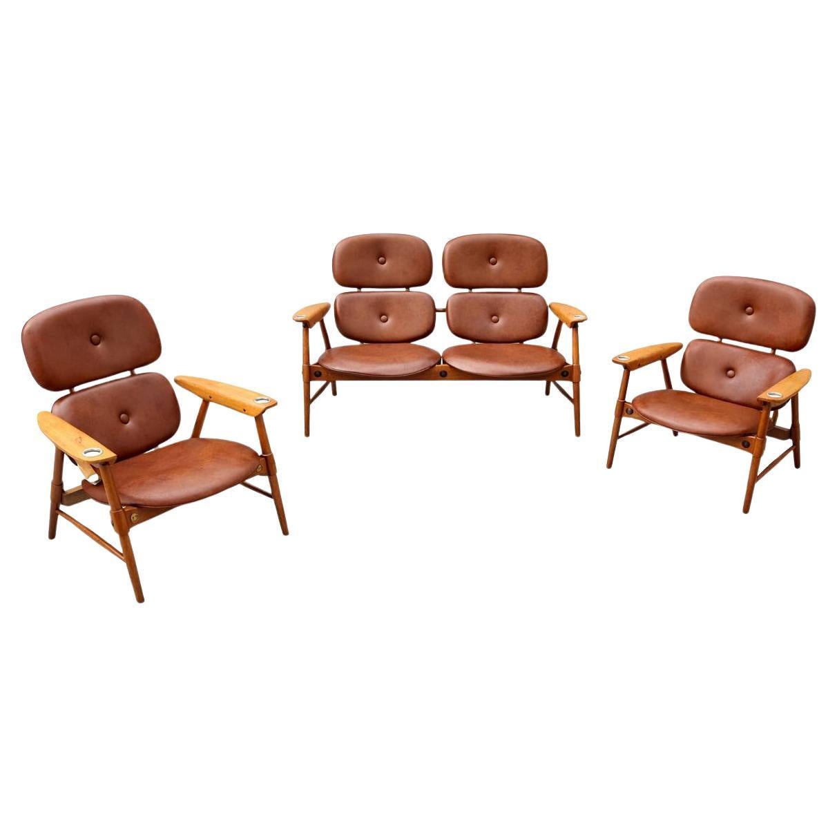 European Mid-century Modern Living Room Set with Two Armchairs and Sofa, 50s-60s