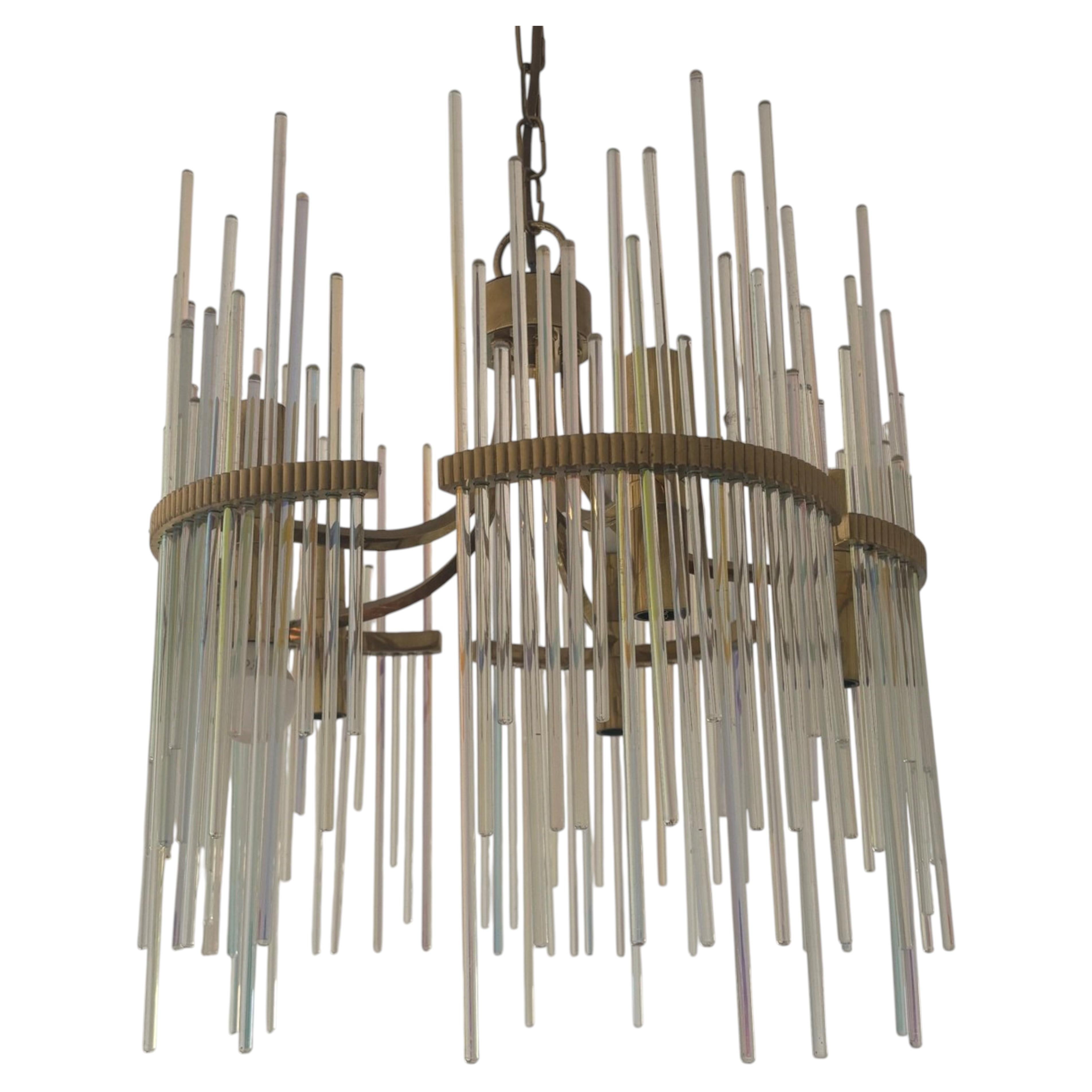 Gaetano Sciolari Gold Chandelier, Brass & Iridescent Murano Glass, 1970s