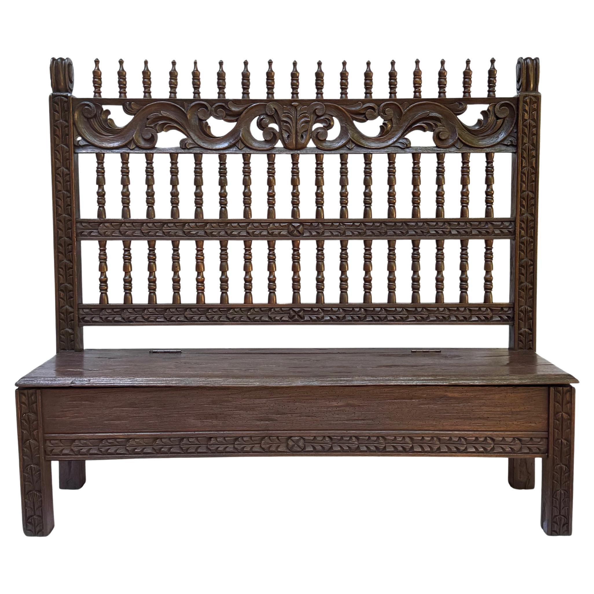 Spanish Colonial Revival Carved Bench with Storage, Peru, circa 1940