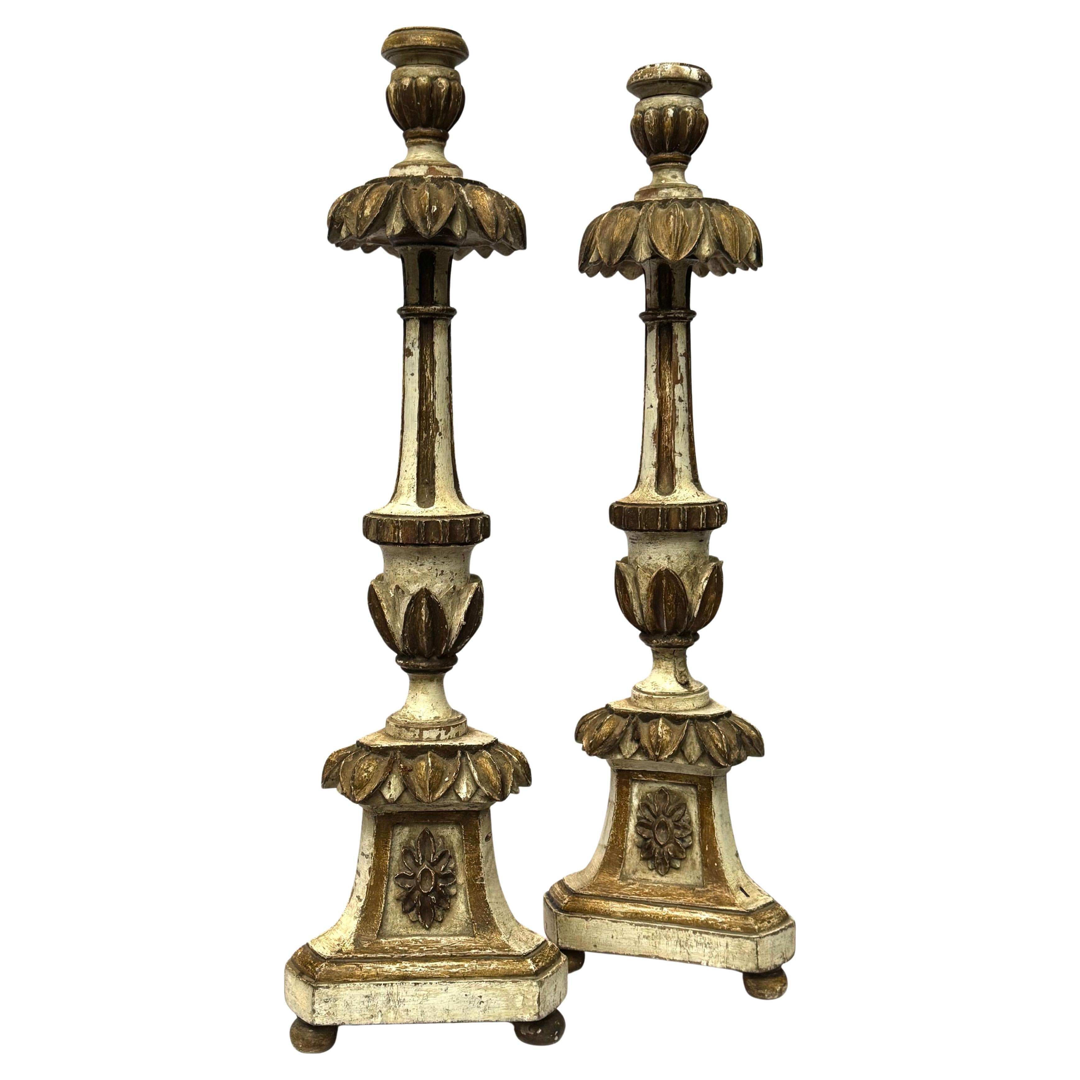 Empire Revival Pair of 19th-Century Italian Polychrome and Parcel-Gilt Altar Prickets For Sale