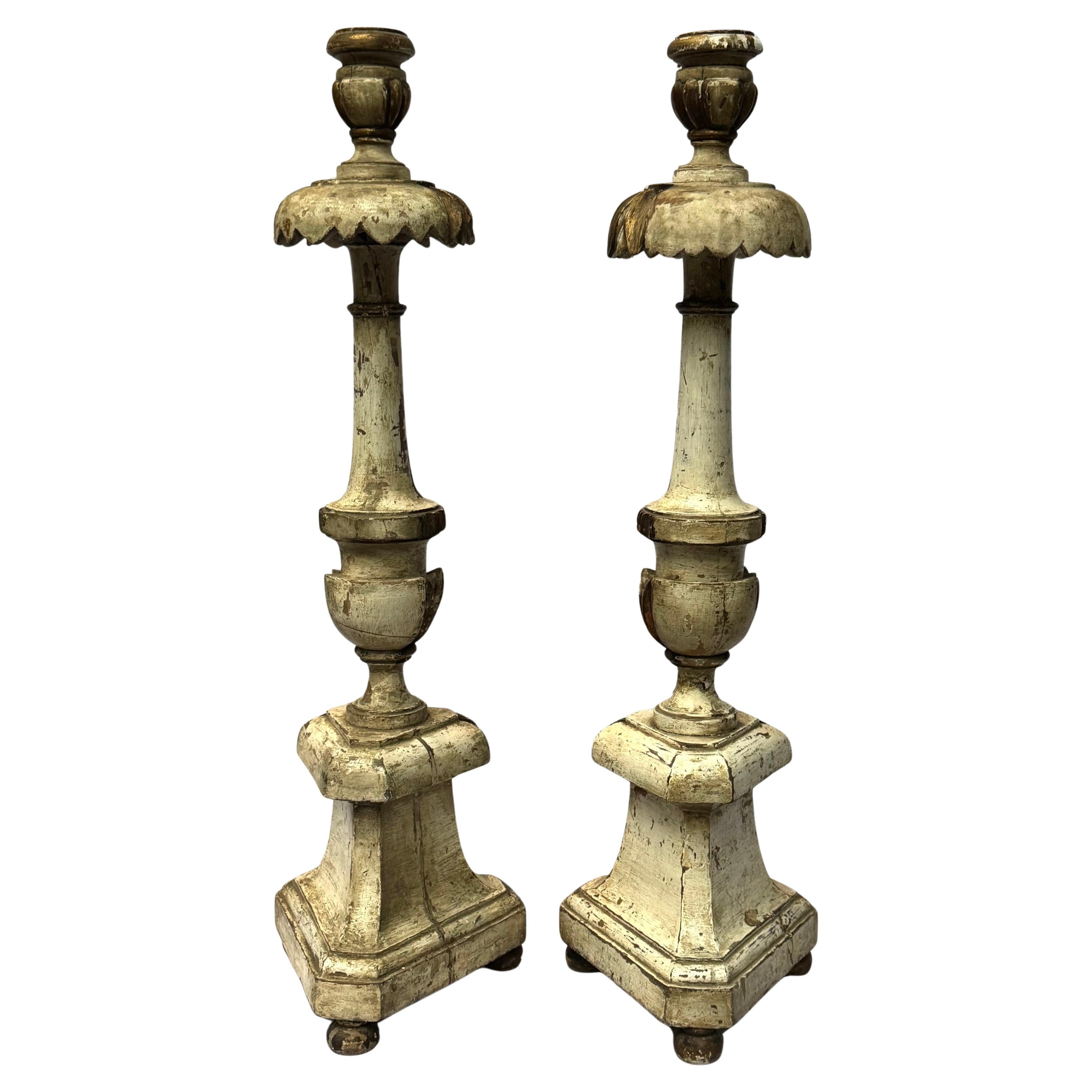 Pair of 19th-Century Italian Polychrome and Parcel-Gilt Altar Prickets
A graceful pair of 19th-century Italian altar prickets, hand-carved in wood with their original polychrome and parcel-gilt finish, exuding the quiet elegance of provincial