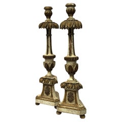 Pair of 19th-Century Italian Polychrome and Parcel-Gilt Altar Prickets
