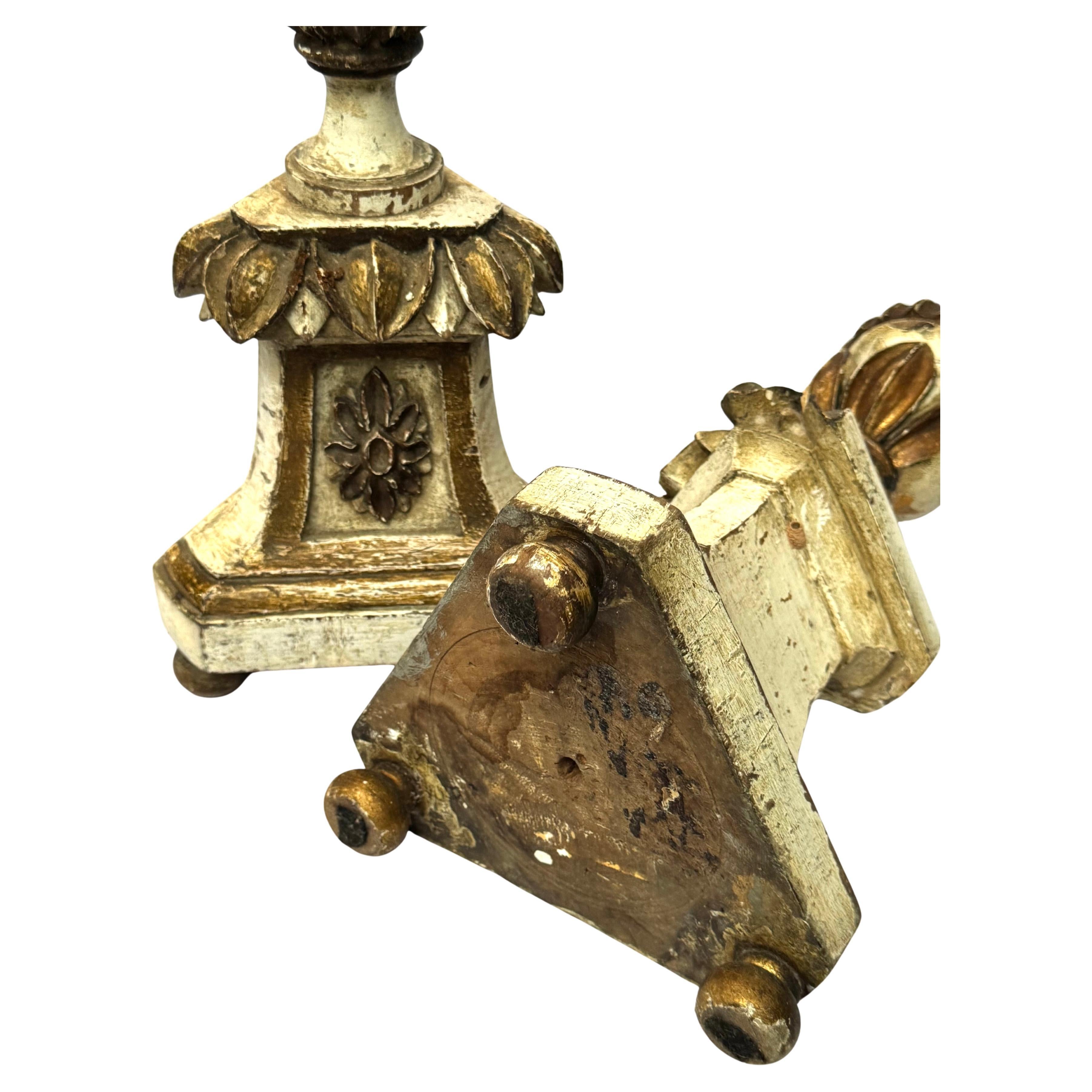 Wood Pair of 19th-Century Italian Polychrome and Parcel-Gilt Altar Prickets For Sale