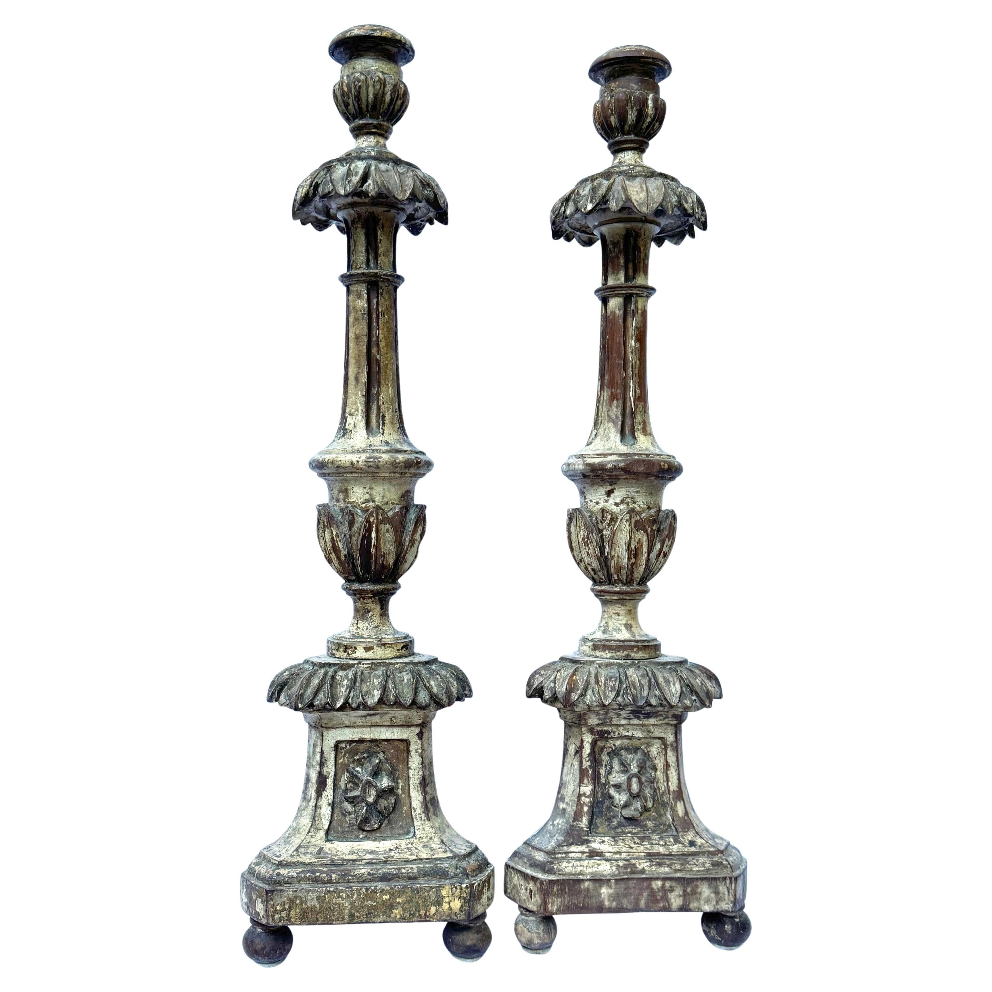 Pair of Mid-19th Century Baroque Revival Carved Wooden Candlesticks