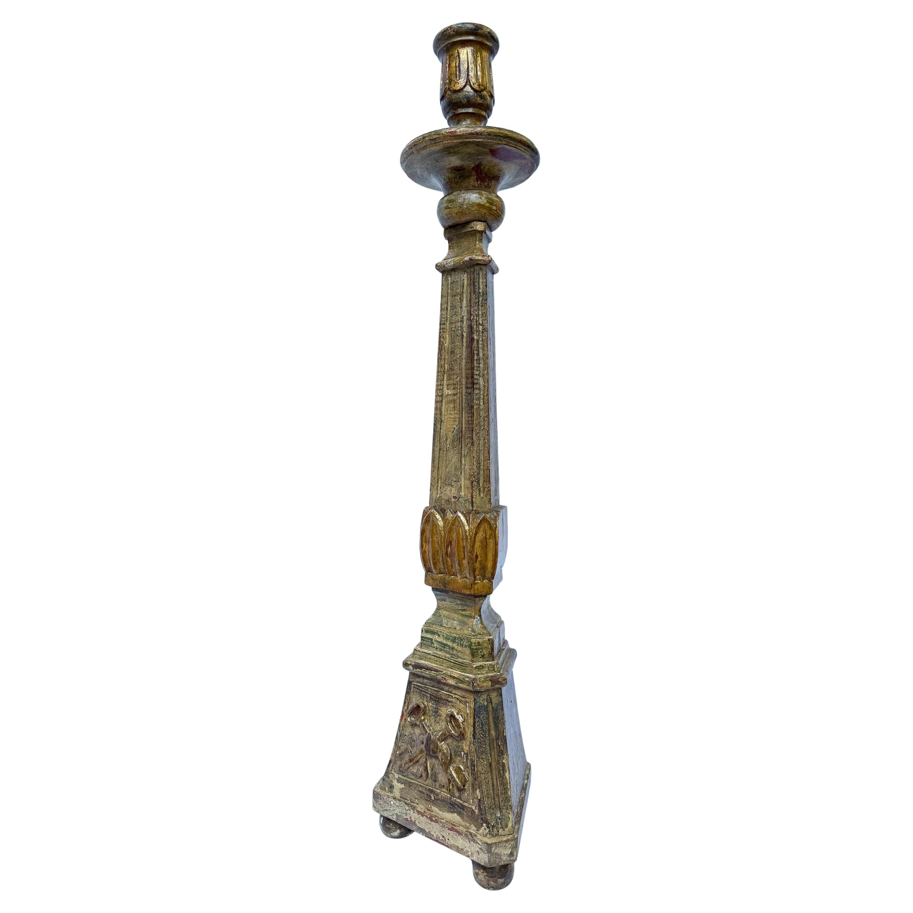 Impressive 19th Century Italian Giltwood Candlestick – 113cm High – Keys of Saint Peter
 
A striking and monumental 19th-century Italian ecclesiastical candlestick, richly hand-carved and polychromed, standing an imposing 113cm high. This piece,