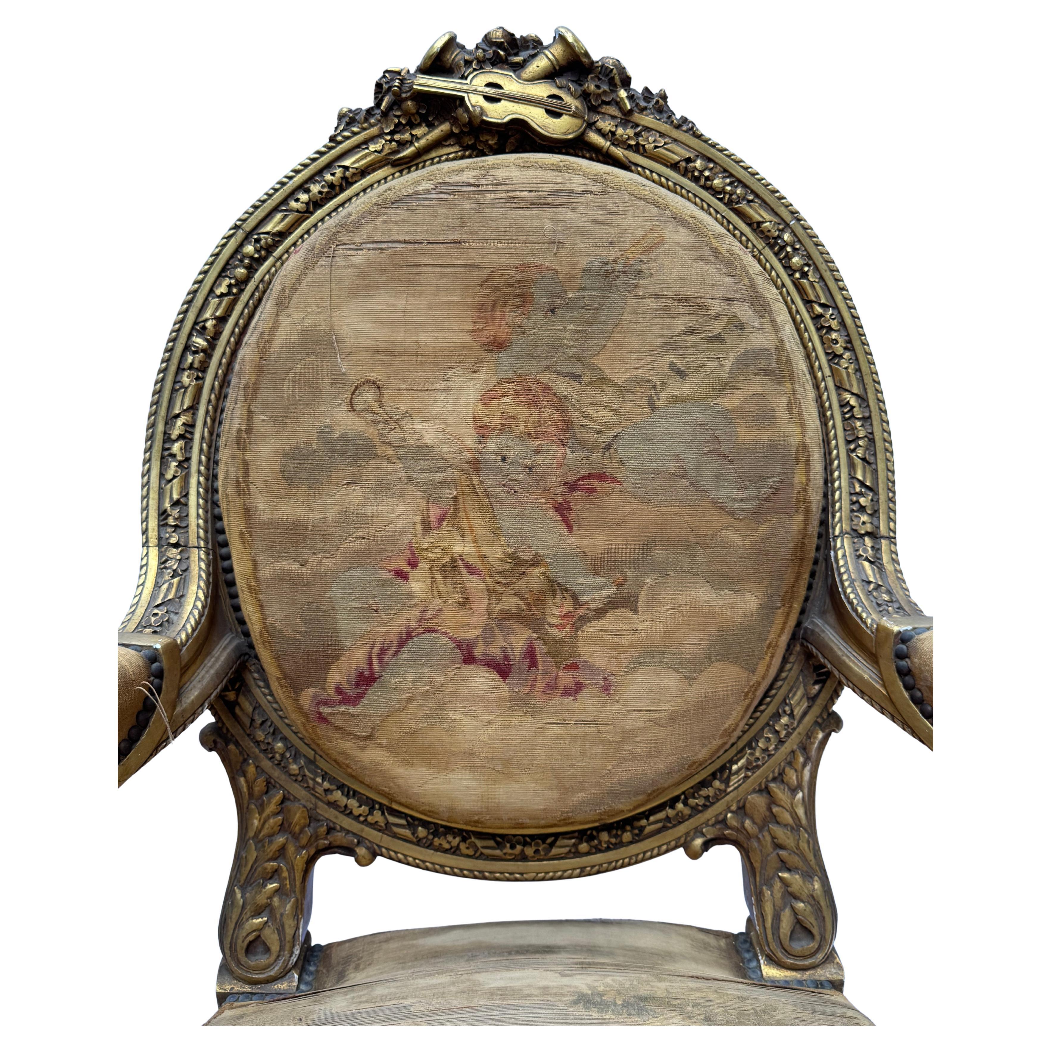 Suite de salón francesa del siglo XIX en madera dorada estilo Luis XVI con tapicería Tapestry Upholstering en venta 8