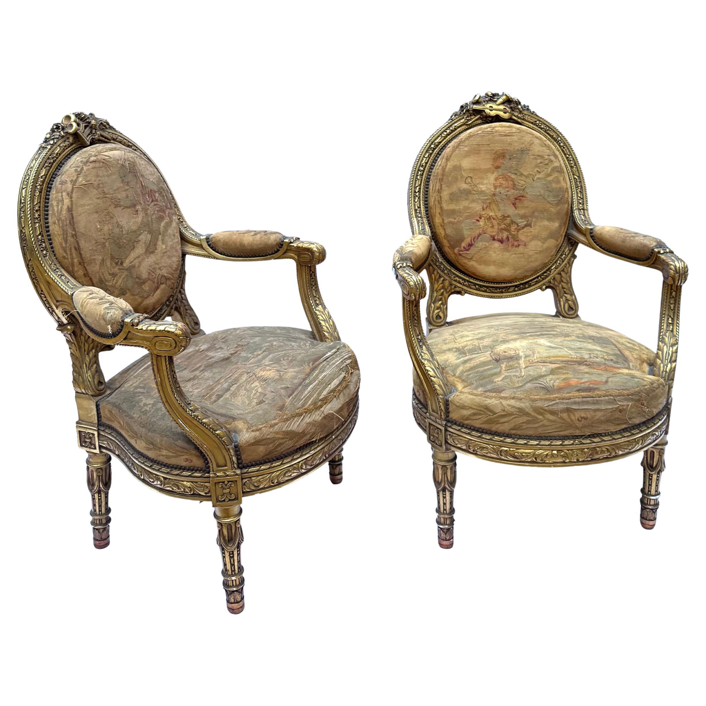 Suite de salón francesa del siglo XIX en madera dorada estilo Luis XVI con tapicería Tapestry Upholstering en venta 7