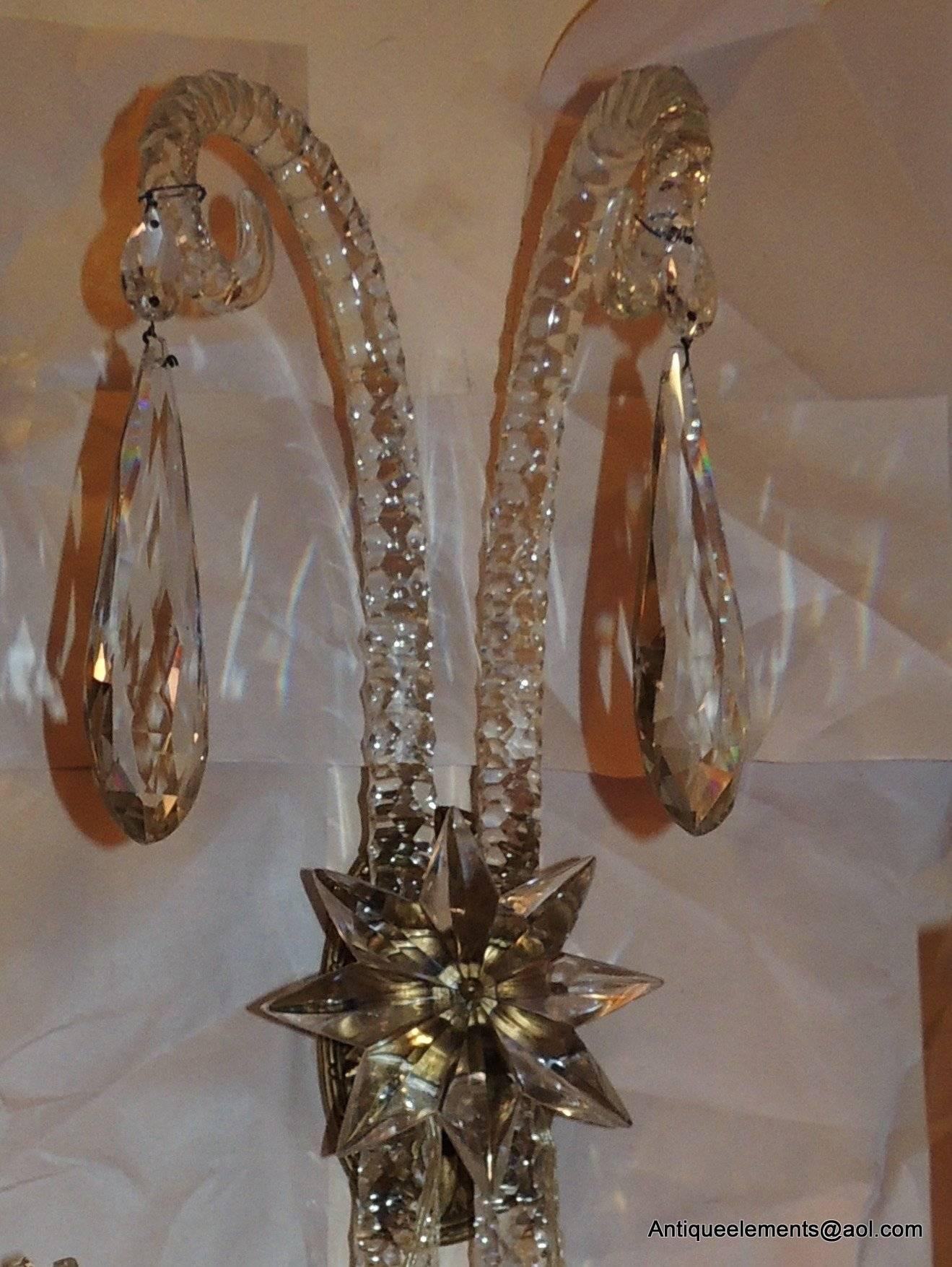 Faceted Palatial Antique Large Pair Of Elegant Cut Crystal & Bronze Two-Arm Star Sconces