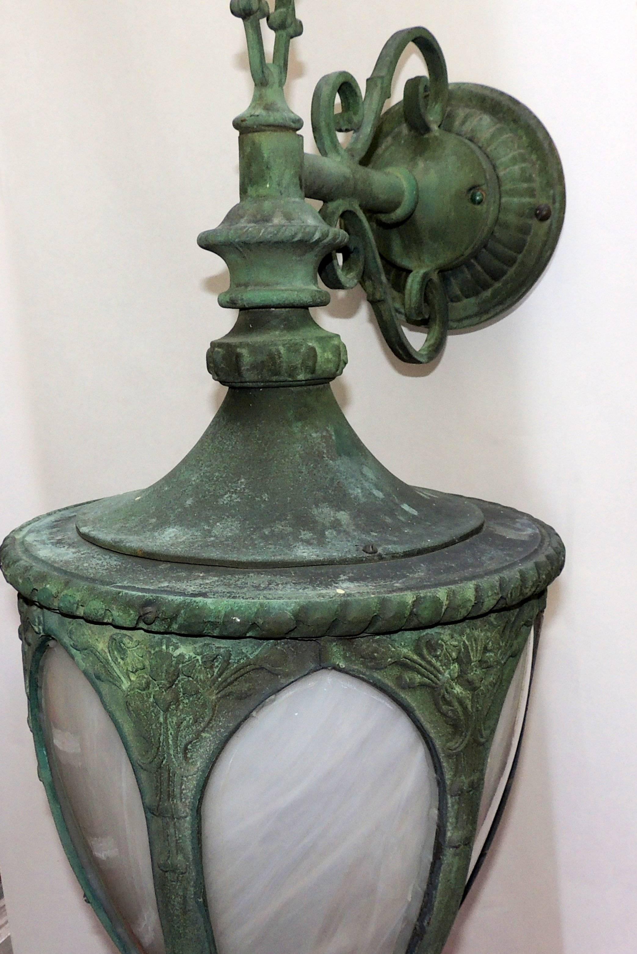 Regency Outstanding Set of Four 19th Century Bronze Green Leaded Glass Lanterns